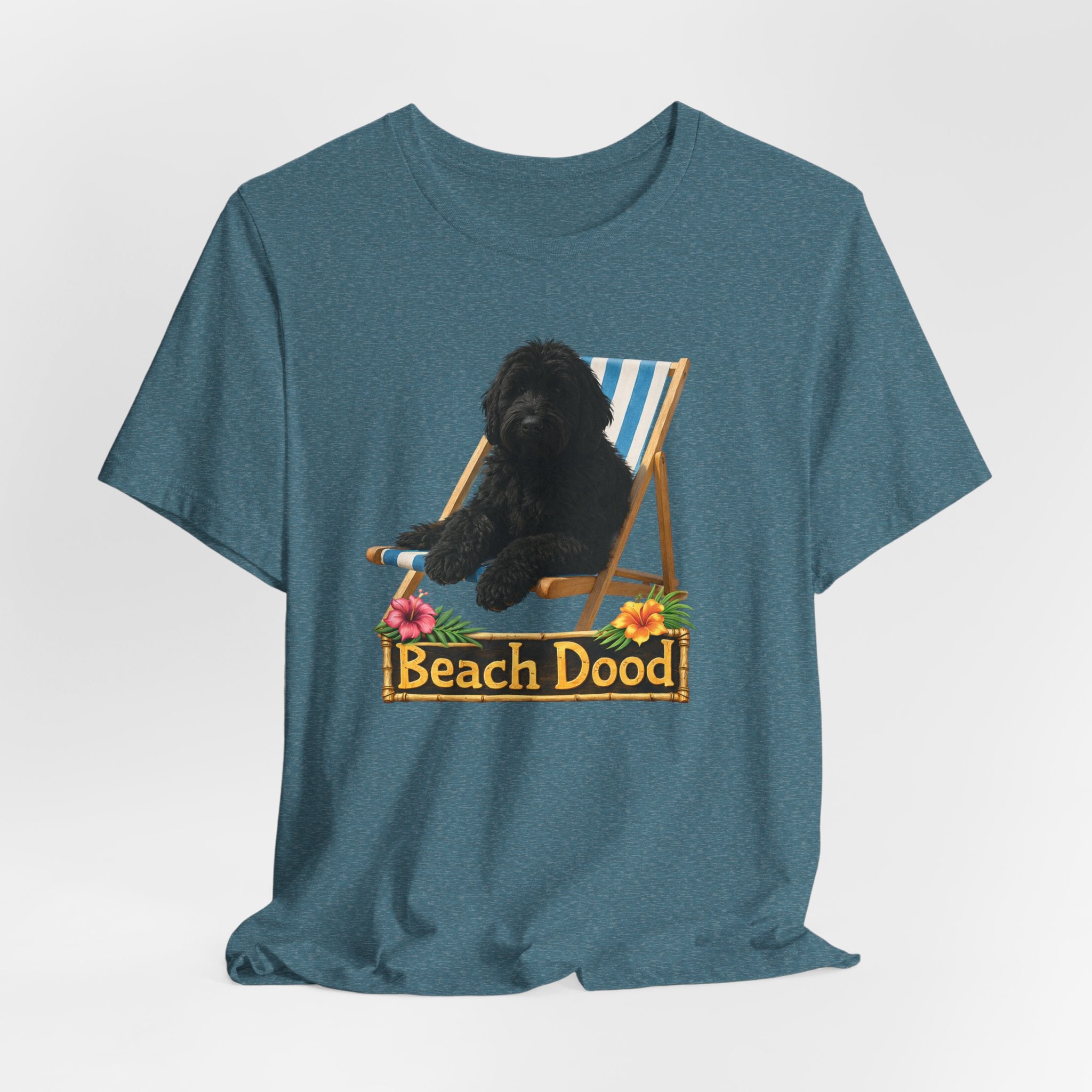 Beach Dood T-Shirt — Cute Black Golden Doodle Chilling on a Beach Chair Graphic Tee