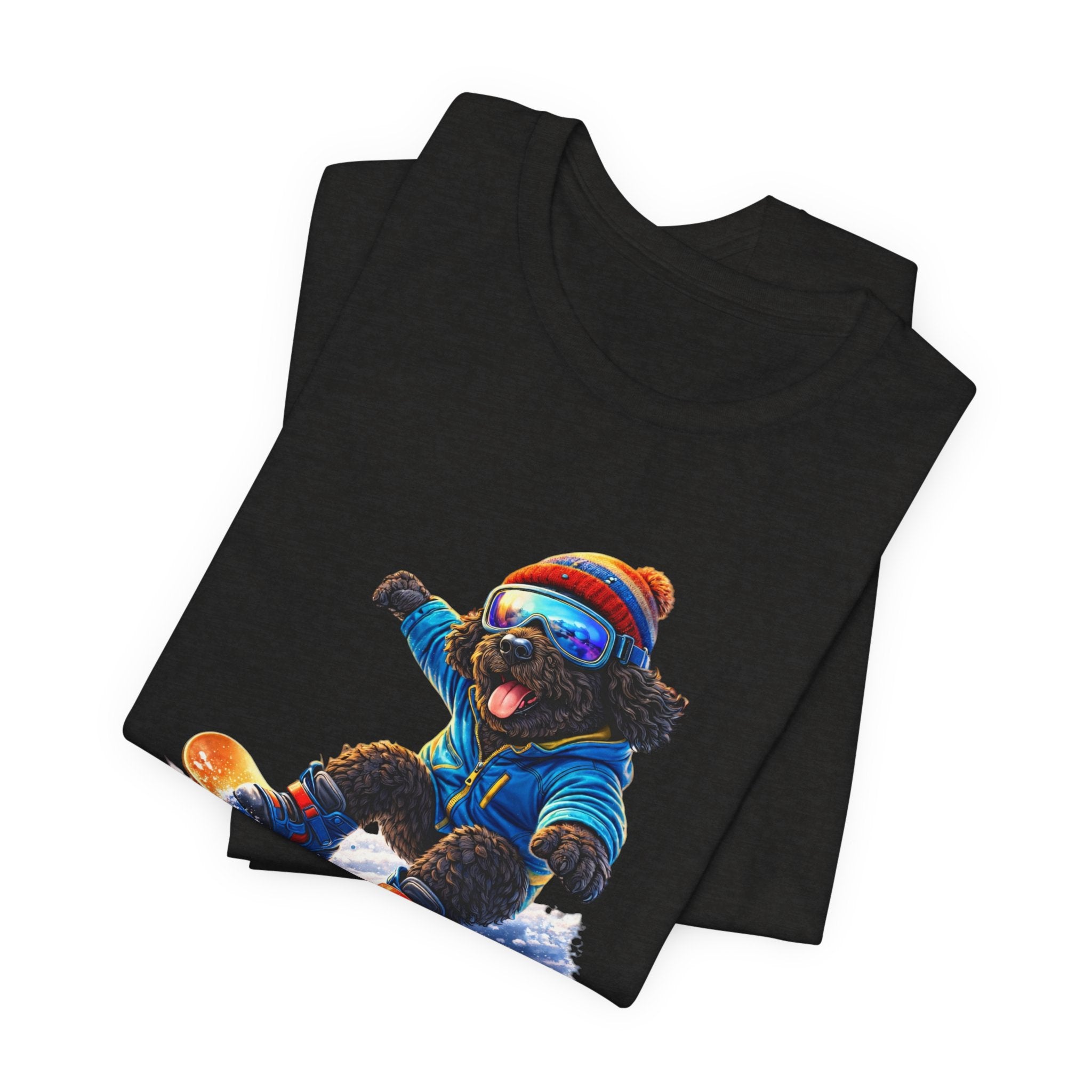 Cool Dood Snowboarding Tee — Cute Black Golden Doodle Snowboard Graphic T‑Shirt
