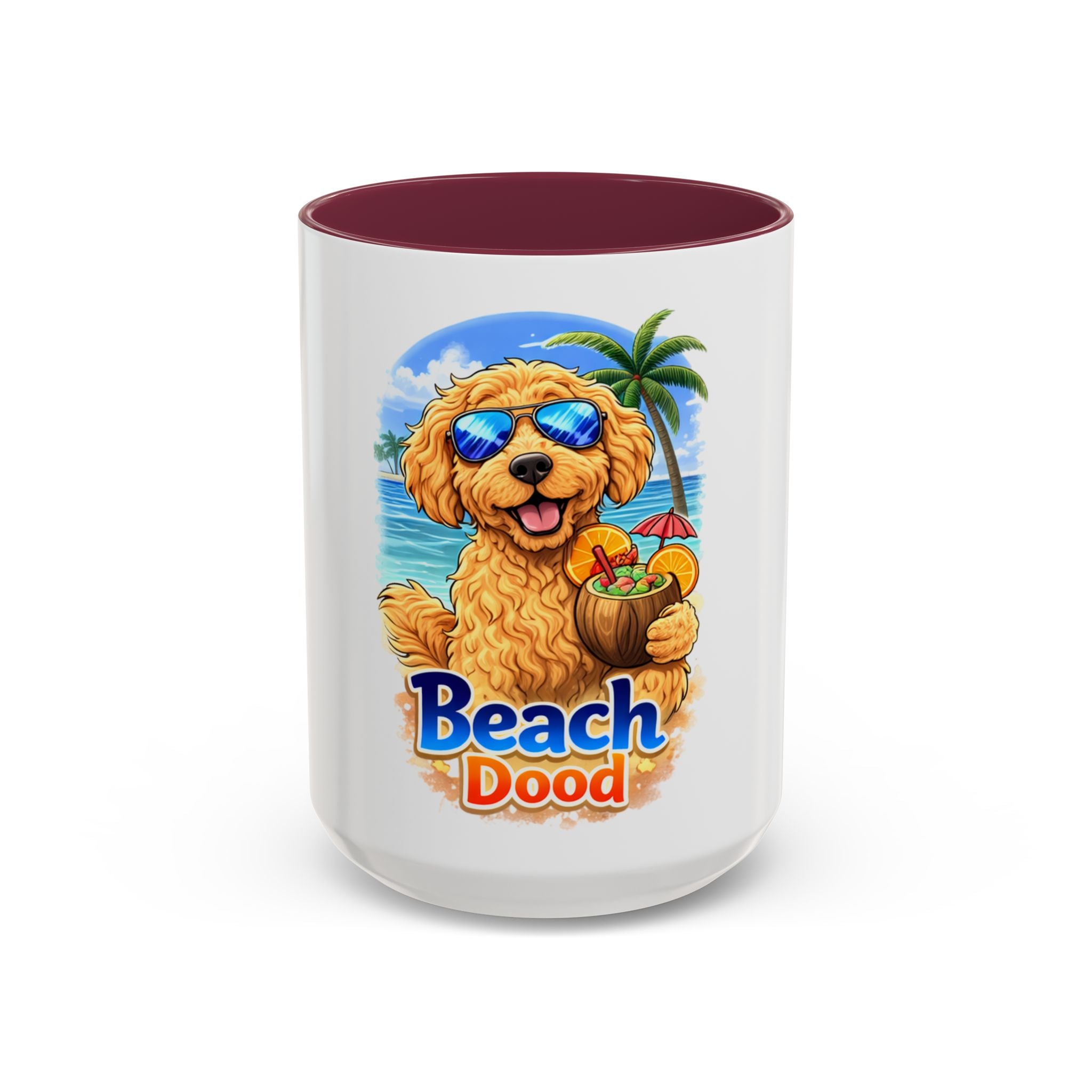 Beach Dood Dog Mug — Cute Golden Doodle with Sunglasses & Tropical Drink (15oz)
