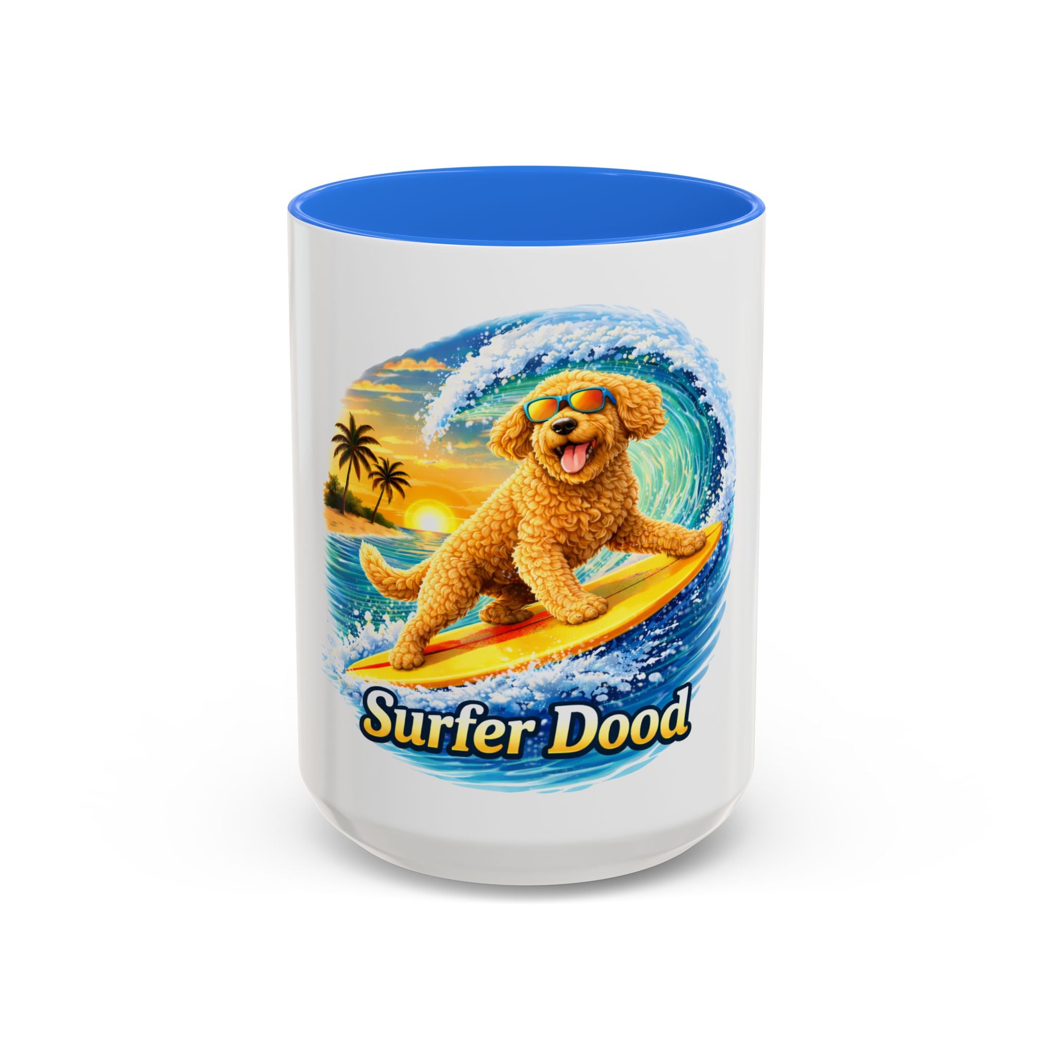 Golden Doodle Surfing Coffee Mug — Funny Colorful (15oz)