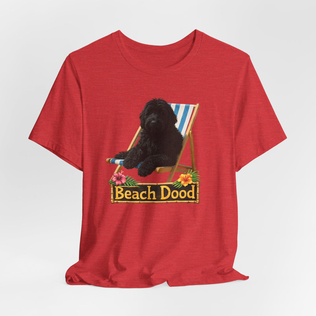 Beach Dood T-Shirt — Cute Black Golden Doodle Chilling on a Beach Chair Graphic Tee