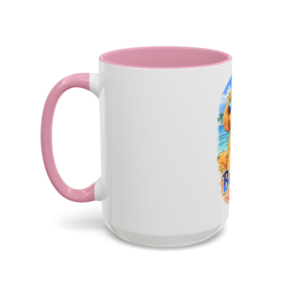 Beach Dood Dog Mug — Cute Golden Doodle with Sunglasses & Tropical Drink (15oz)