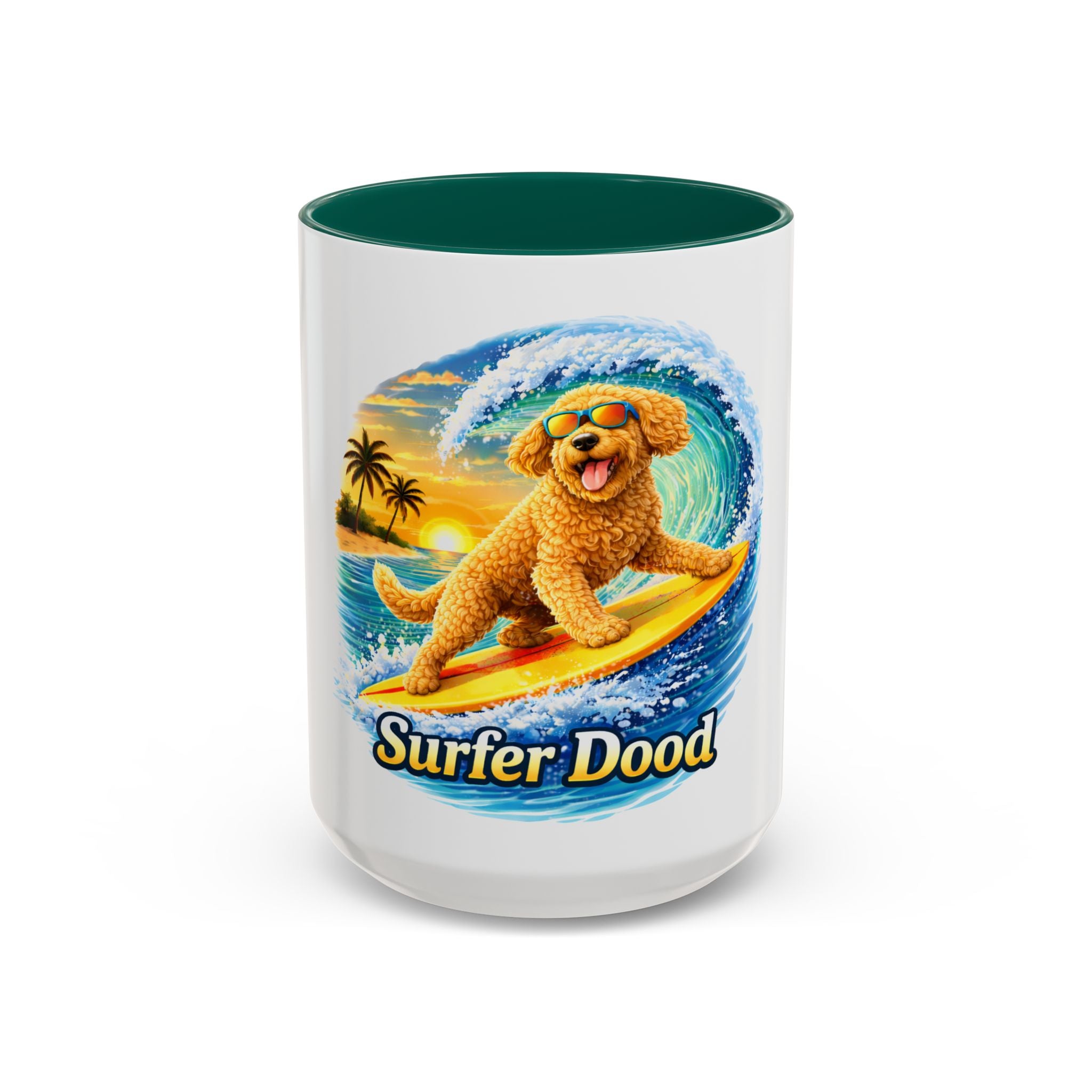 Golden Doodle Surfing Coffee Mug — Funny Colorful (15oz)