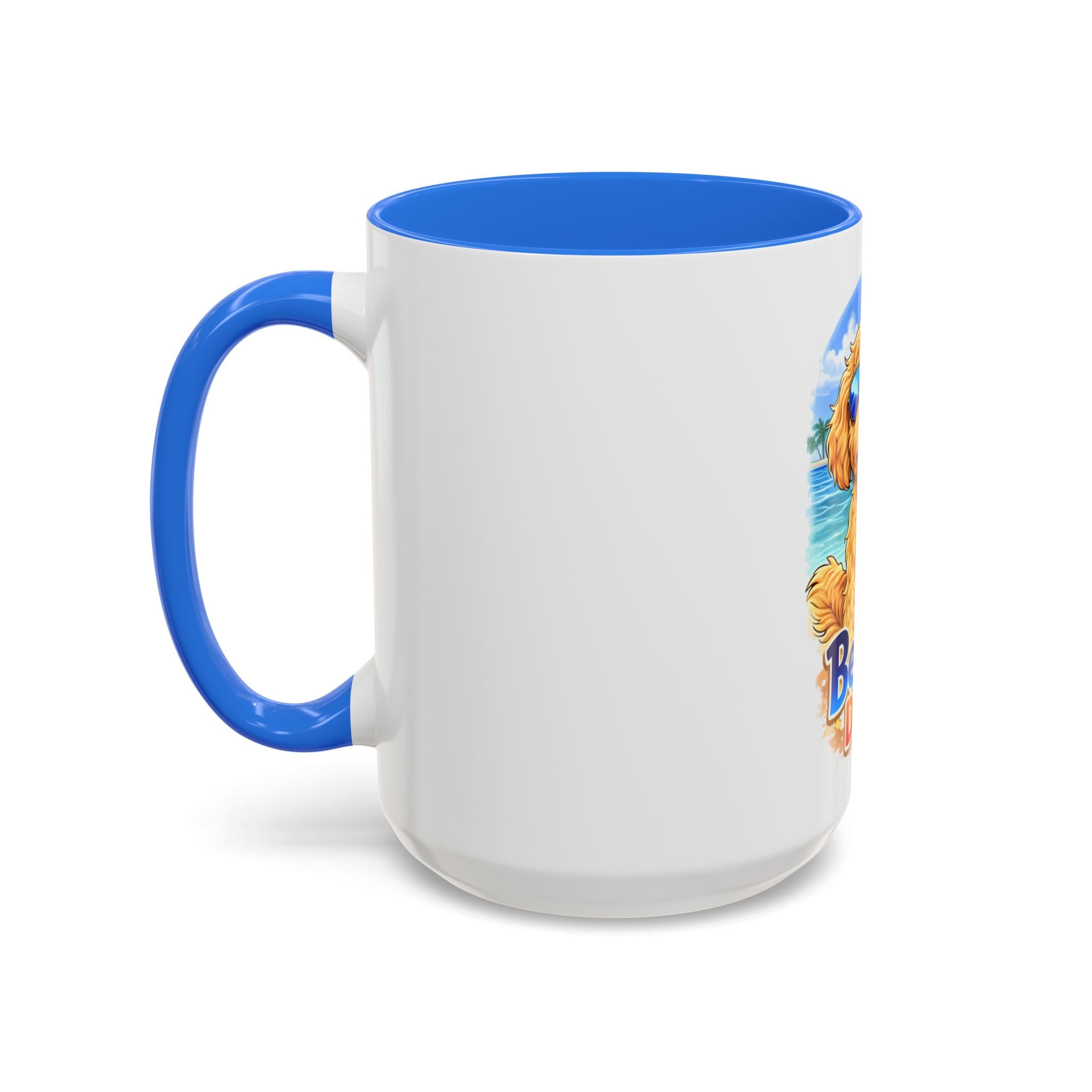 Beach Dood Dog Mug — Cute Golden Doodle with Sunglasses & Tropical Drink (15oz)