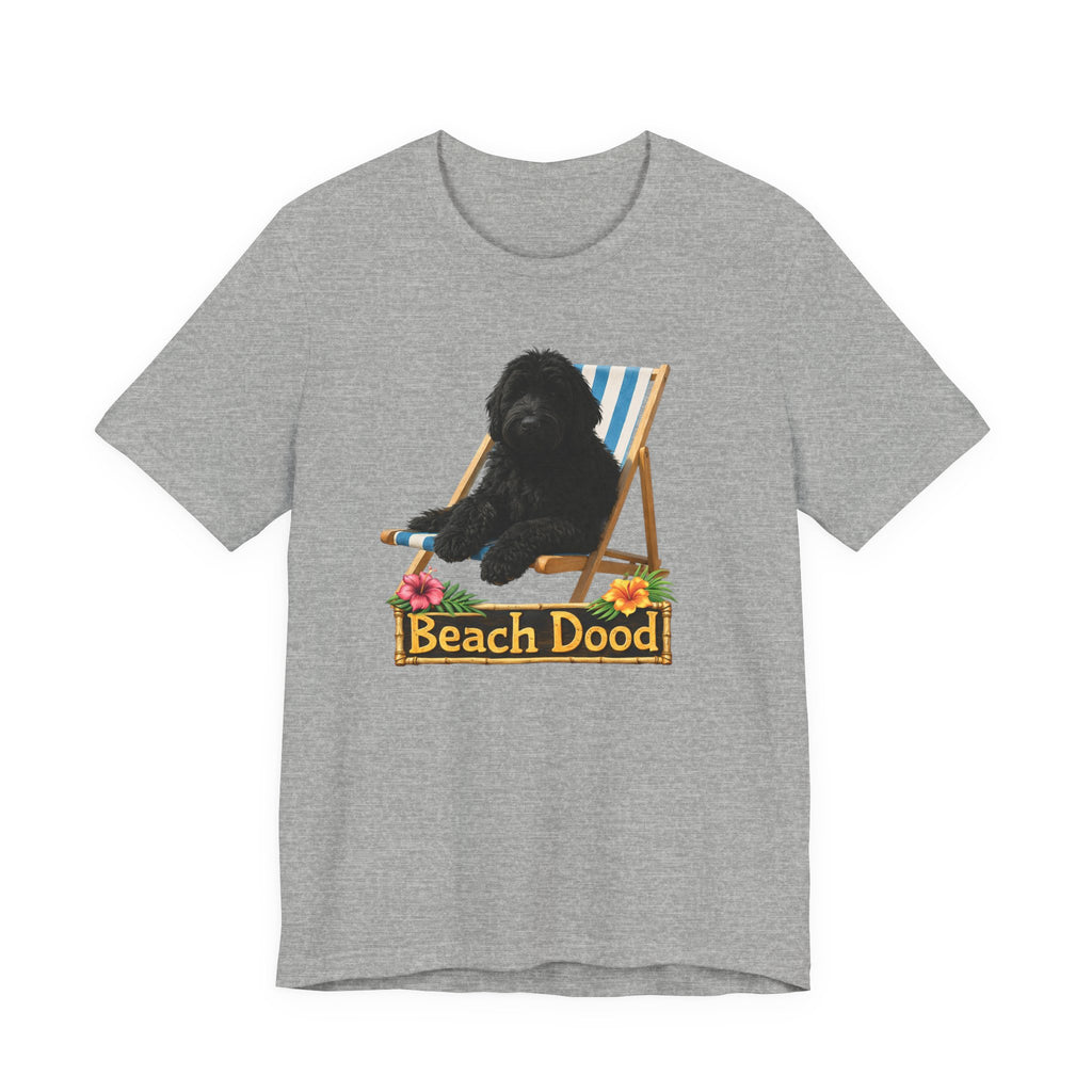Beach Dood T-Shirt — Cute Black Golden Doodle Chilling on a Beach Chair Graphic Tee