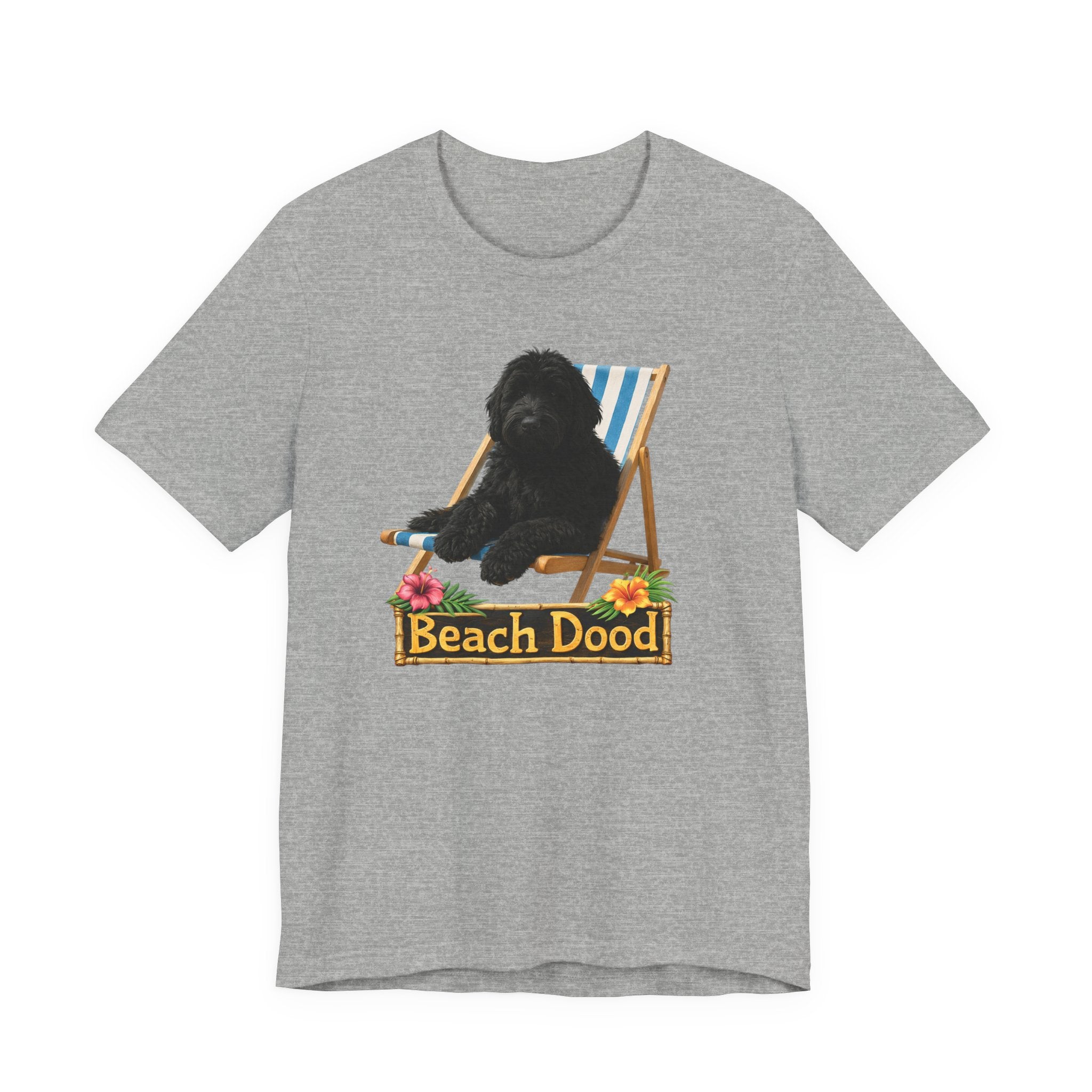Beach Dood T-Shirt — Cute Black Golden Doodle Chilling on a Beach Chair Graphic Tee