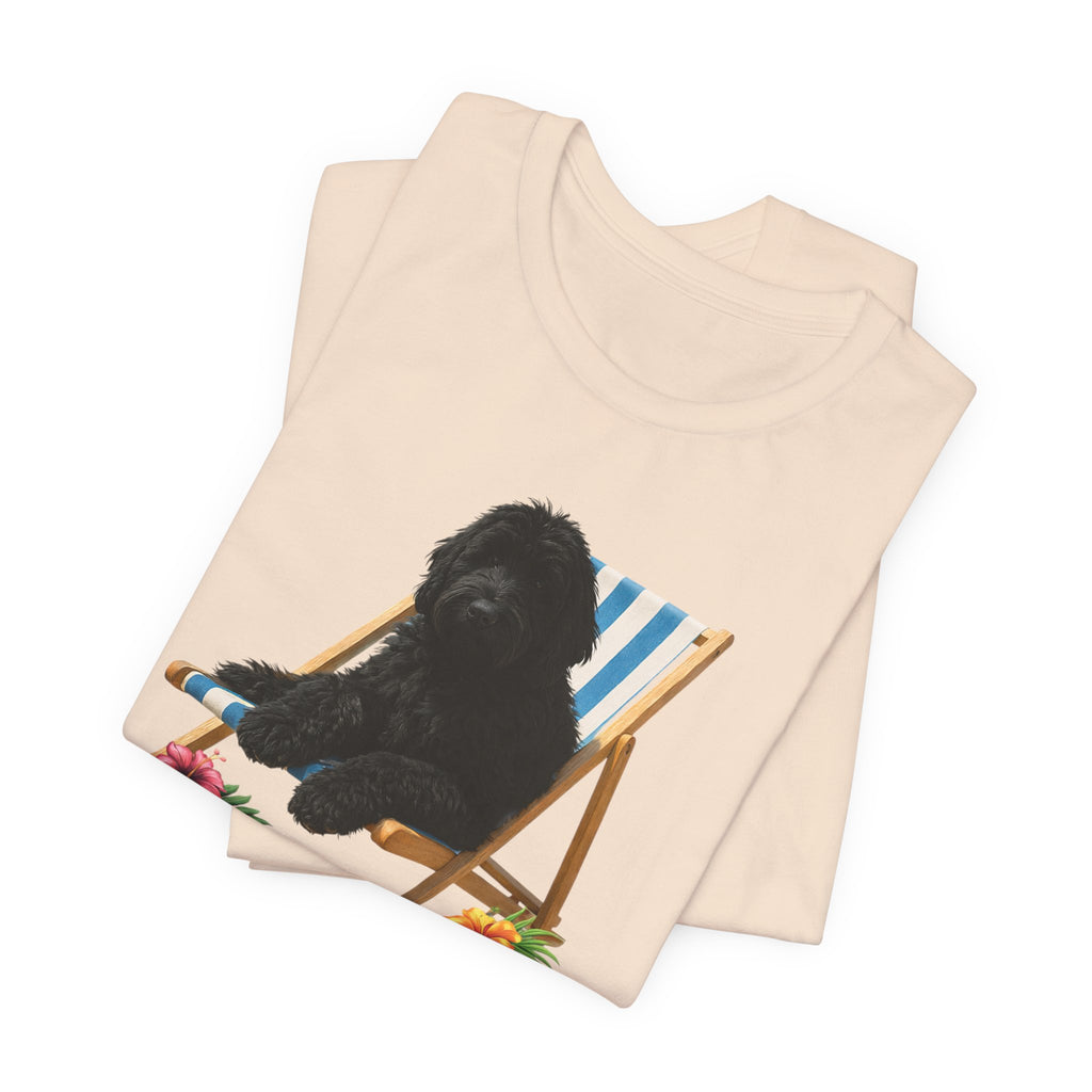 Beach Dood T-Shirt — Cute Black Golden Doodle Chilling on a Beach Chair Graphic Tee