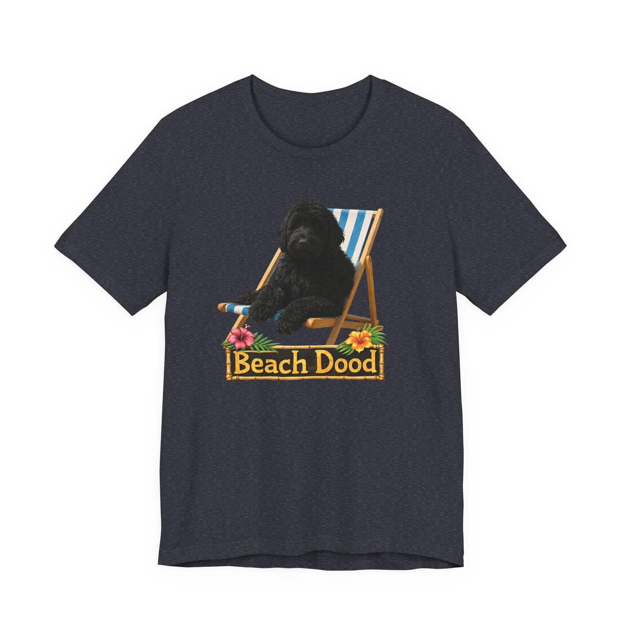 Beach Dood T-Shirt — Cute Black Golden Doodle Chilling on a Beach Chair Graphic Tee