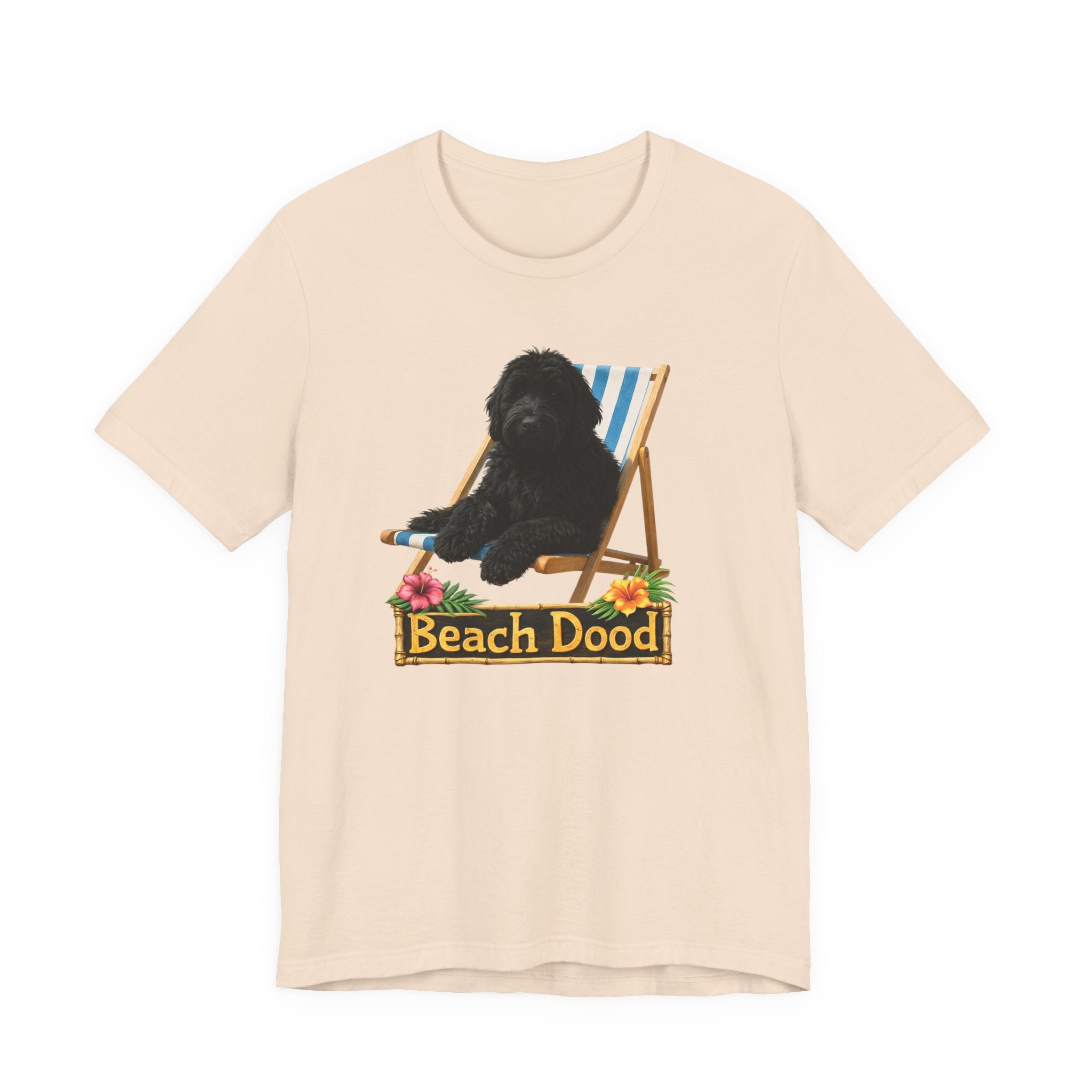 Beach Dood T-Shirt — Cute Black Golden Doodle Chilling on a Beach Chair Graphic Tee