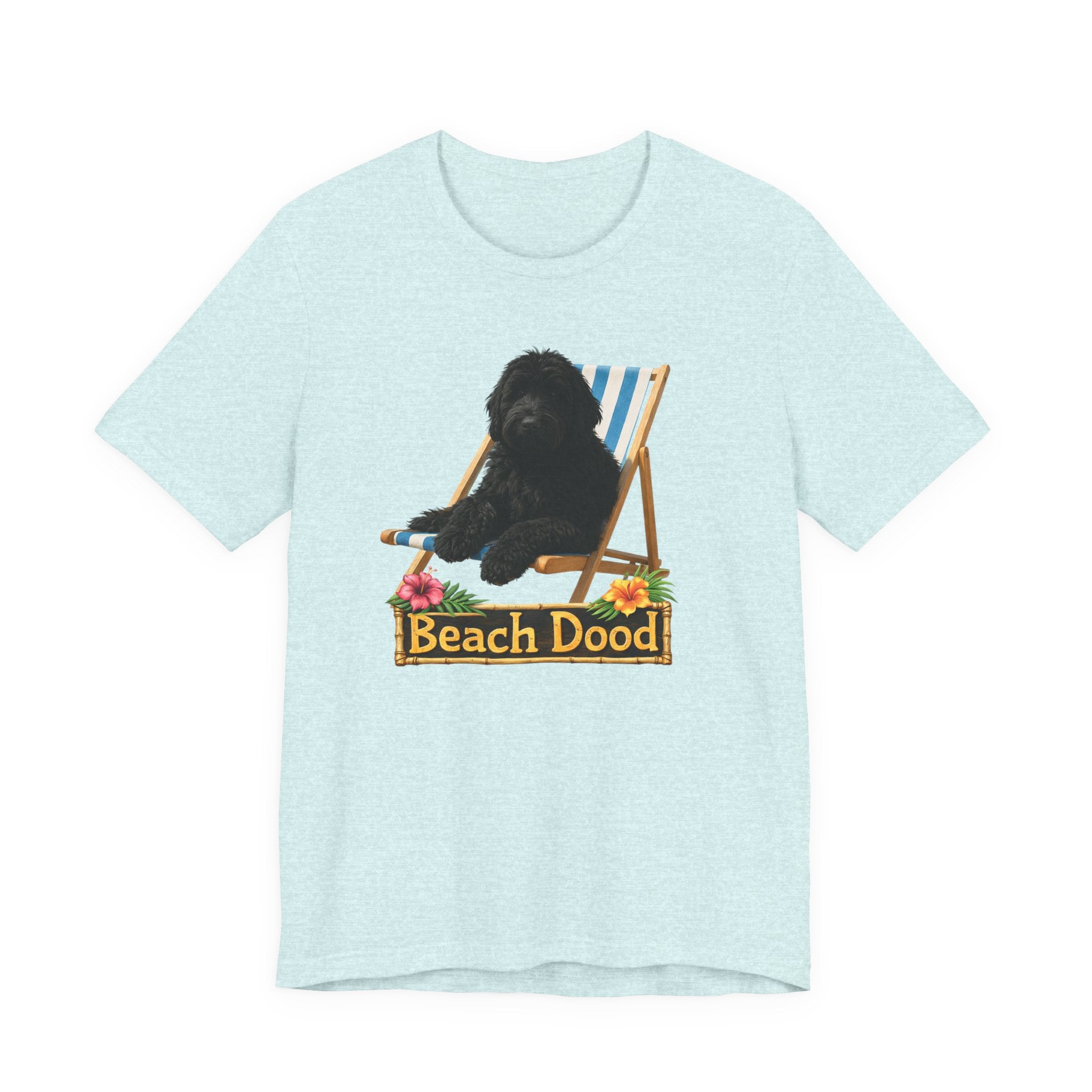 Beach Dood T-Shirt — Cute Black Golden Doodle Chilling on a Beach Chair Graphic Tee