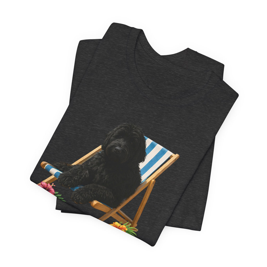 Beach Dood T-Shirt — Cute Black Golden Doodle Chilling on a Beach Chair Graphic Tee