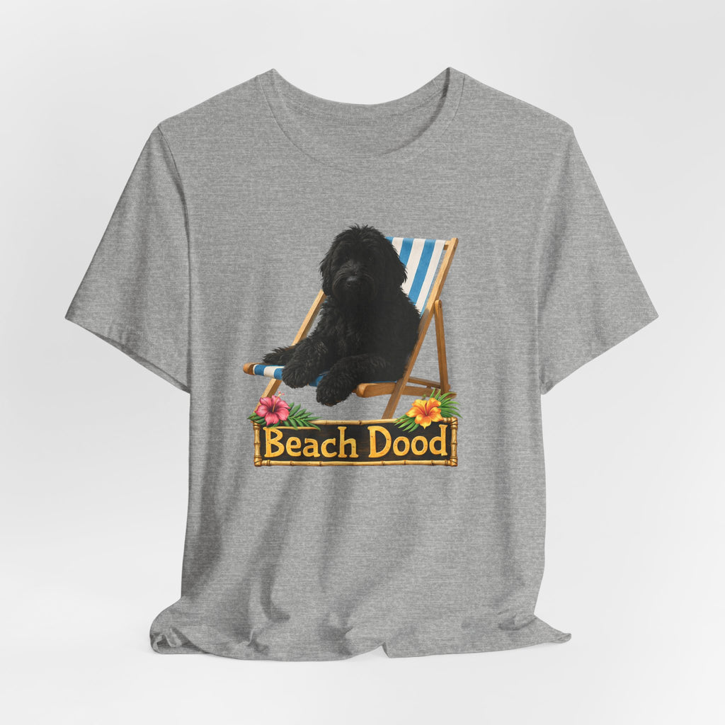 Beach Dood T-Shirt — Cute Black Golden Doodle Chilling on a Beach Chair Graphic Tee