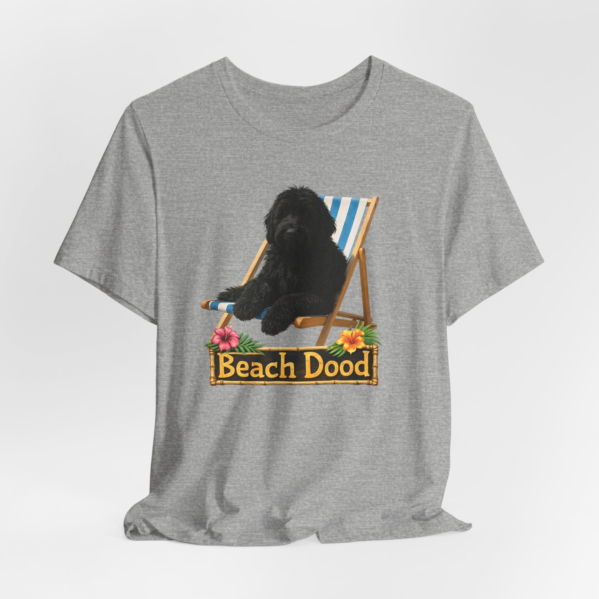 Beach Dood T-Shirt — Cute Black Golden Doodle Chilling on a Beach Chair Graphic Tee
