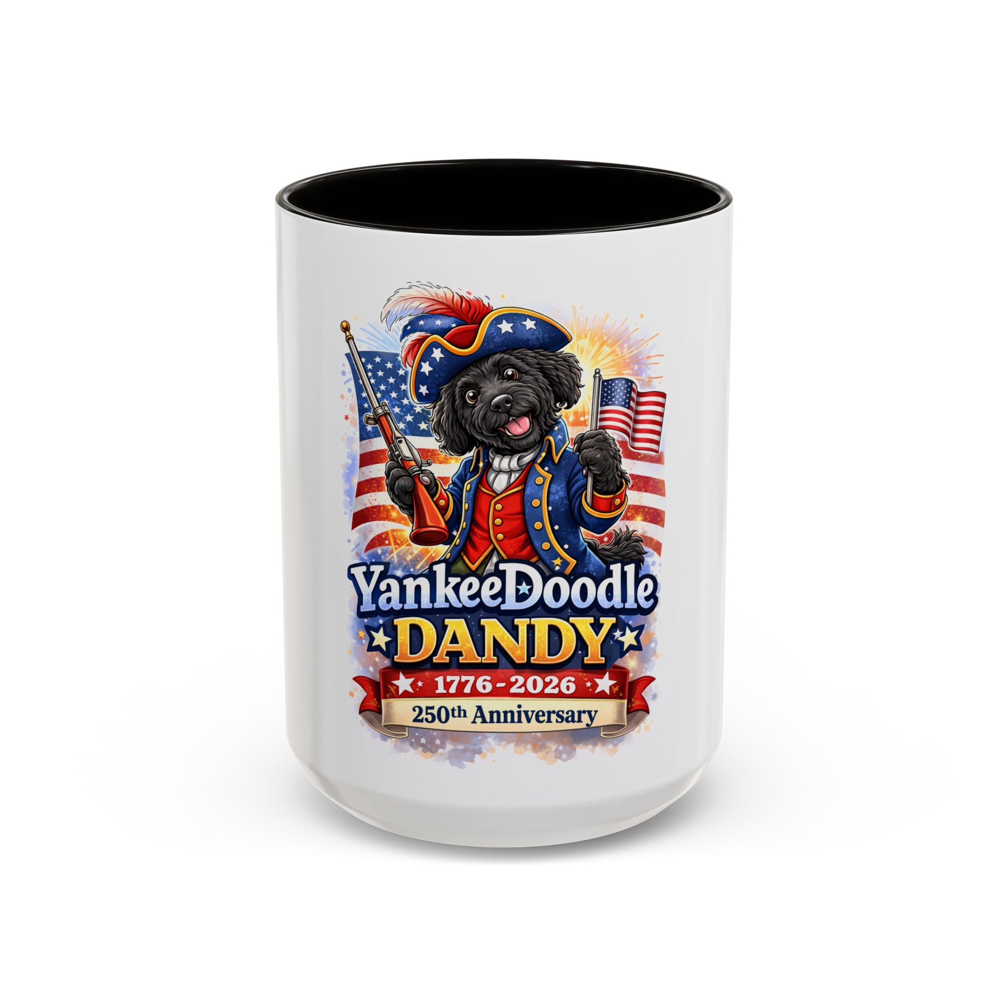 Fourth of July Yankee Doodle Dandy Mug — USA 250th Birthday Doodle Design (15oz)