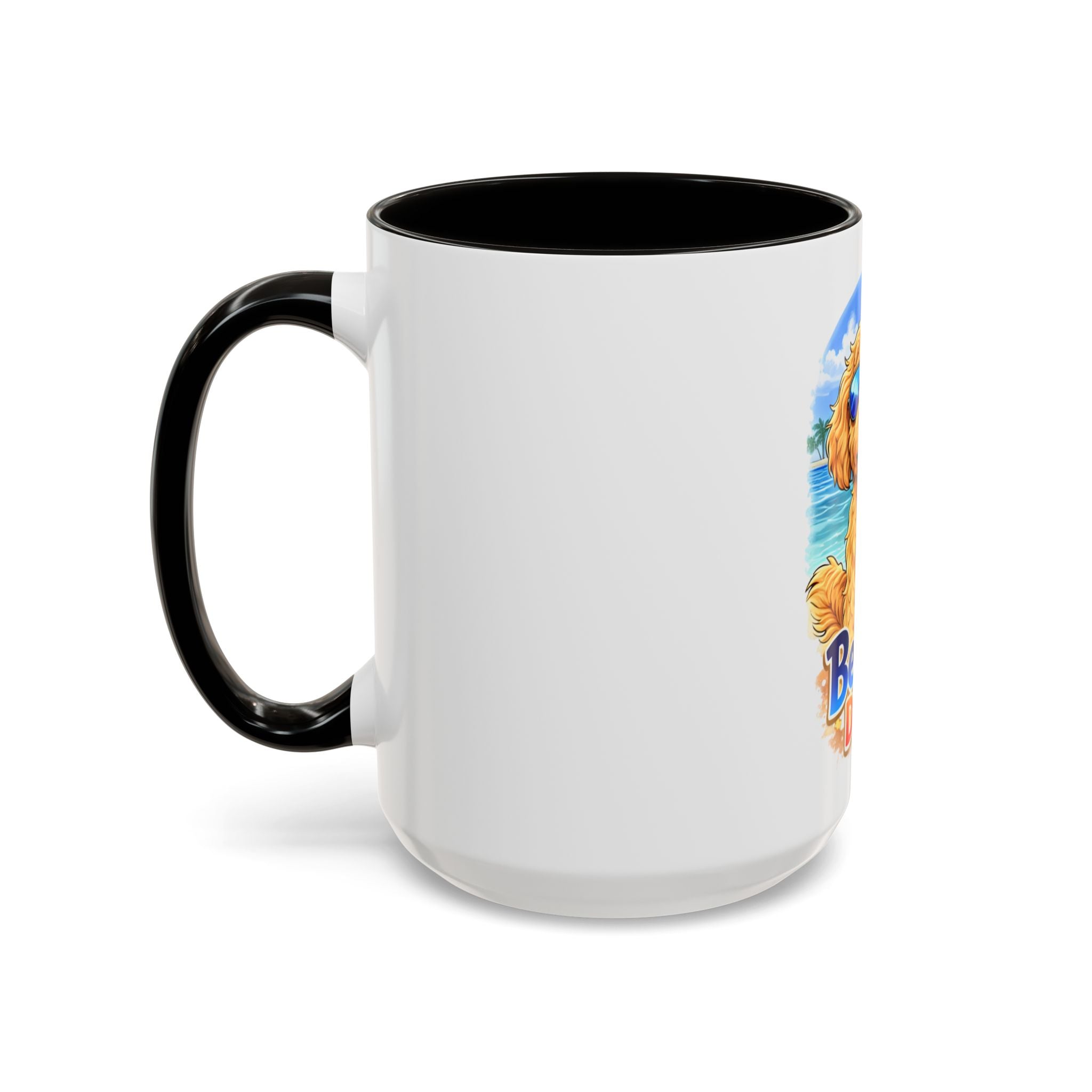 Beach Dood Dog Mug — Cute Golden Doodle with Sunglasses & Tropical Drink (15oz)