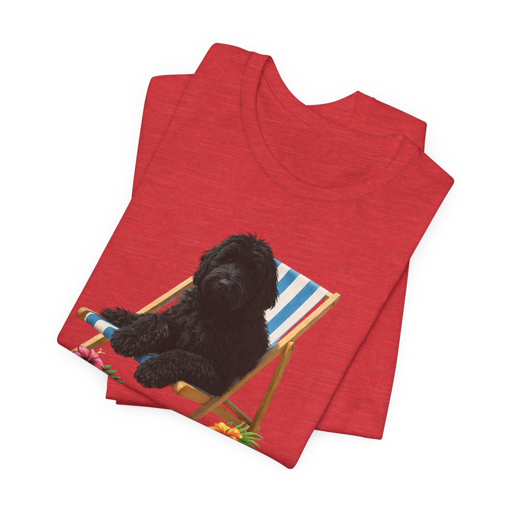 Beach Dood T-Shirt — Cute Black Golden Doodle Chilling on a Beach Chair Graphic Tee