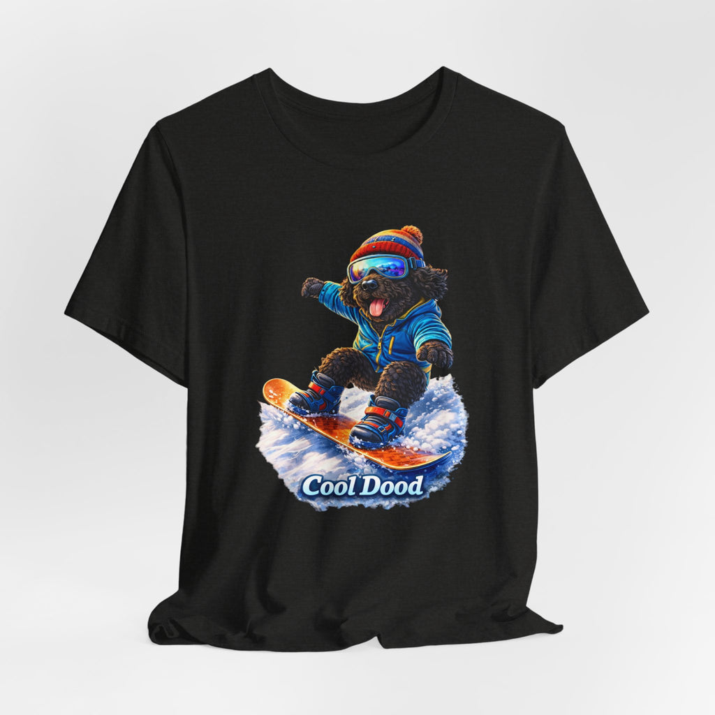 Cool Dood Snowboarding Tee — Cute Black Golden Doodle Snowboard Graphic T‑Shirt