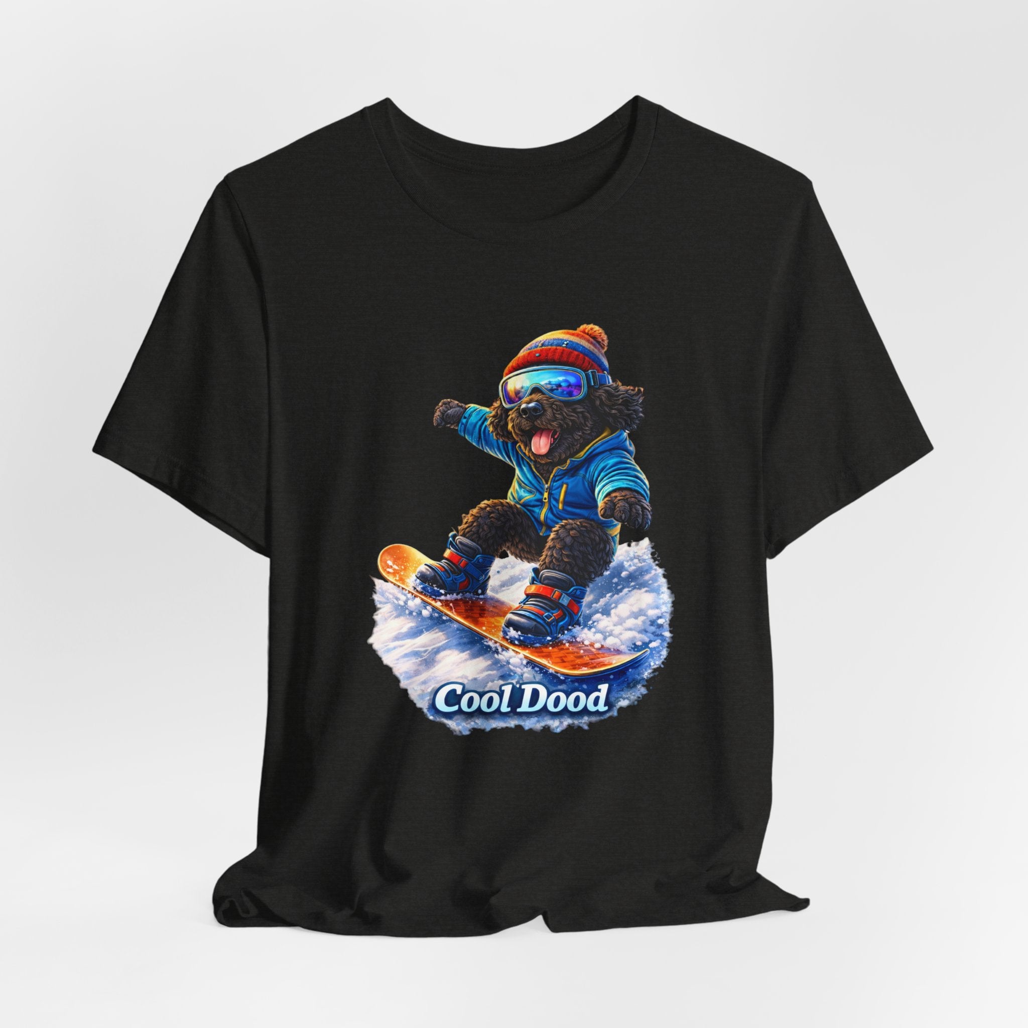 Cool Dood Snowboarding Tee — Cute Black Golden Doodle Snowboard Graphic T‑Shirt