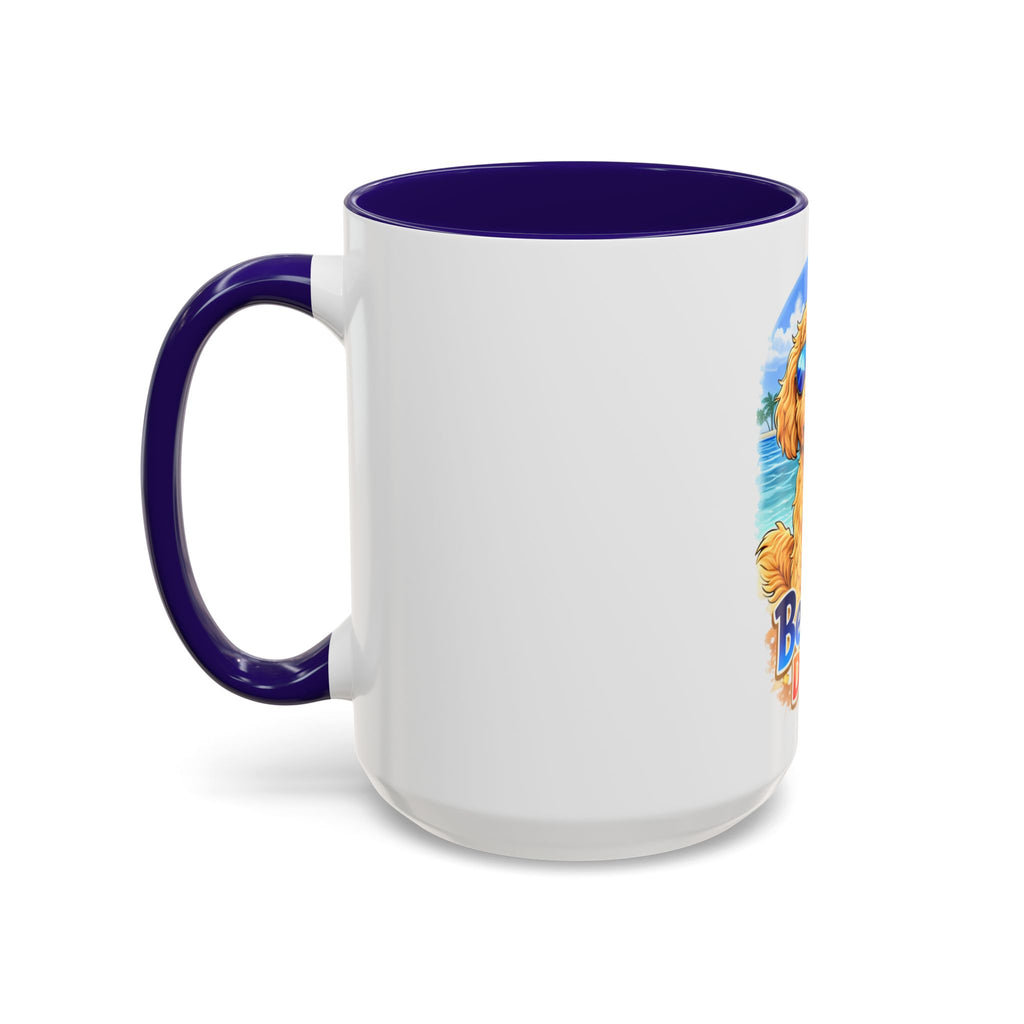 Beach Dood Dog Mug — Cute Golden Doodle with Sunglasses & Tropical Drink (15oz)