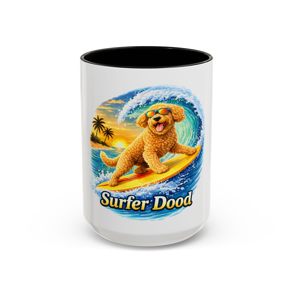 Golden Doodle Surfing Coffee Mug — Funny Colorful (15oz)