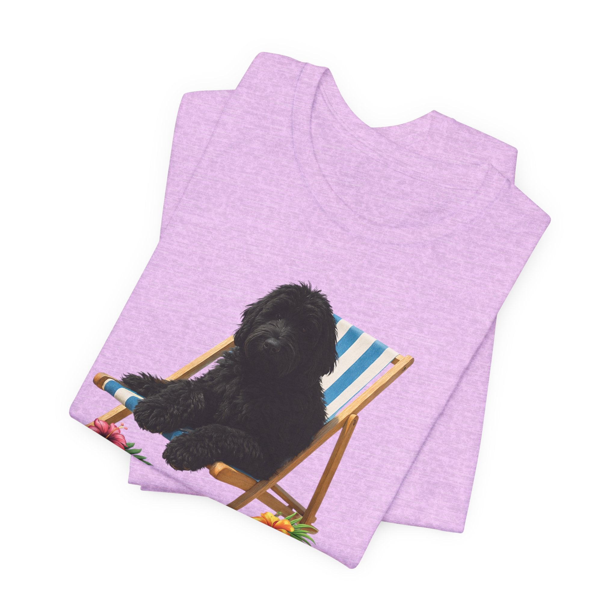 Beach Dood T-Shirt — Cute Black Golden Doodle Chilling on a Beach Chair Graphic Tee