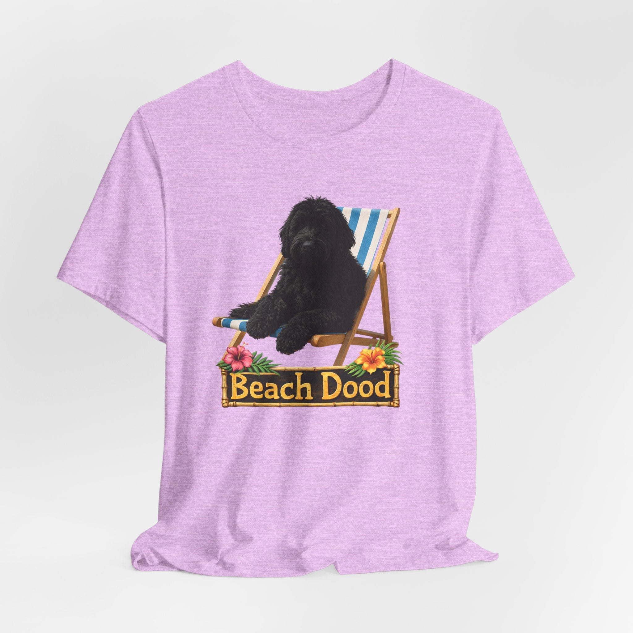 Beach Dood T-Shirt — Cute Black Golden Doodle Chilling on a Beach Chair Graphic Tee