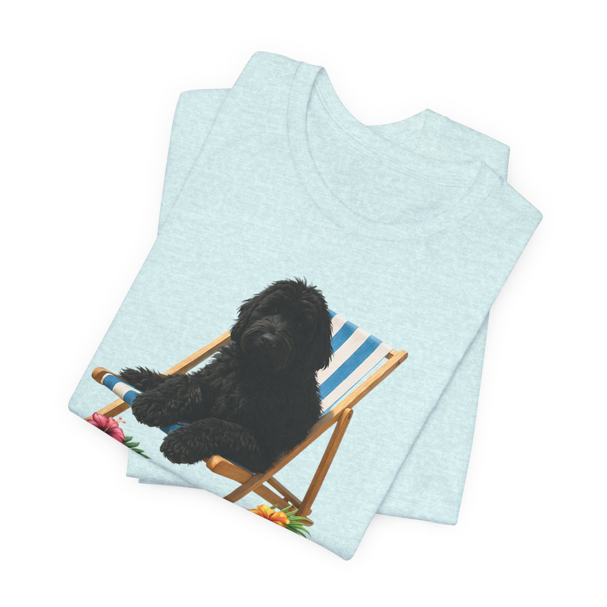 Beach Dood T-Shirt — Cute Black Golden Doodle Chilling on a Beach Chair Graphic Tee