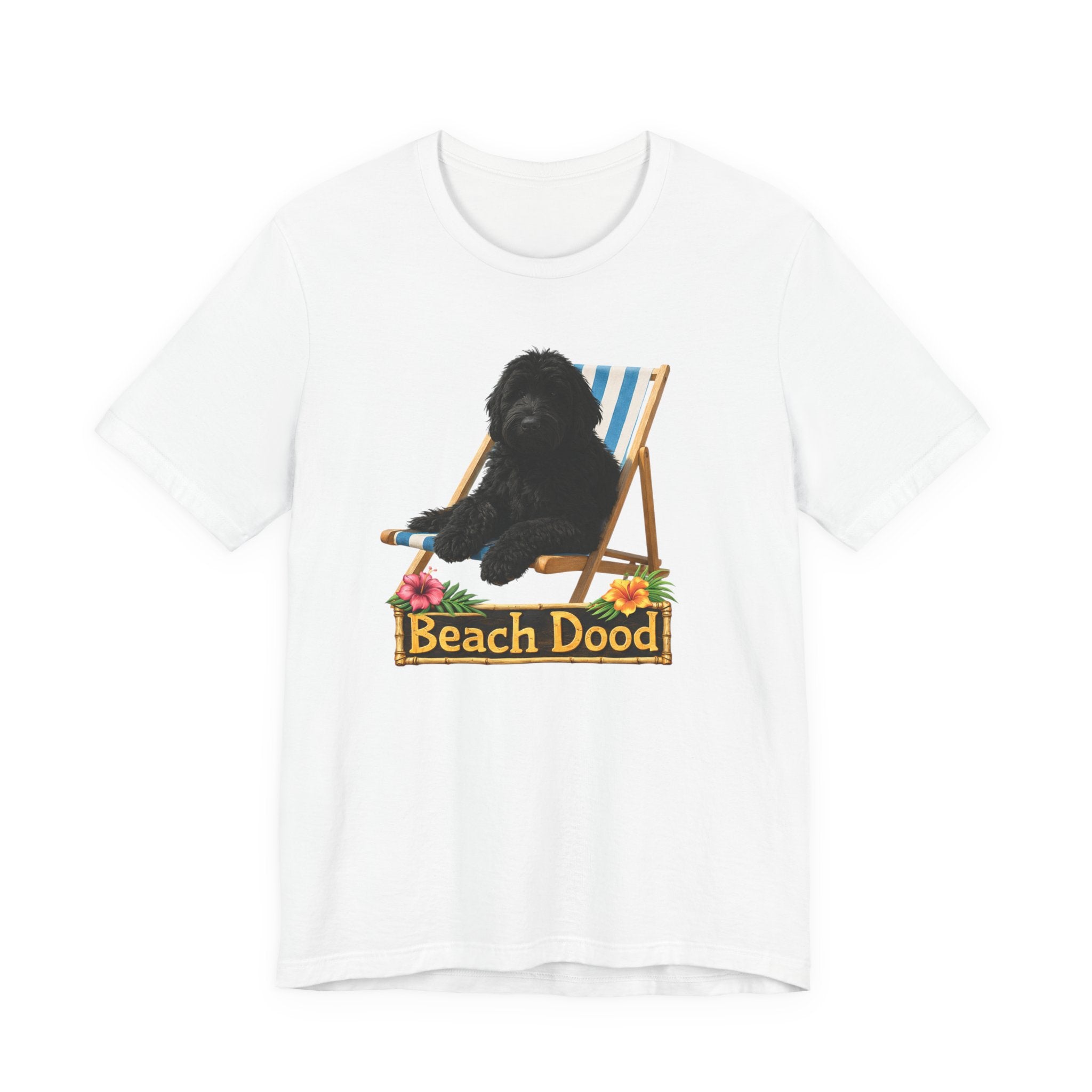 Beach Dood T-Shirt — Cute Black Golden Doodle Chilling on a Beach Chair Graphic Tee