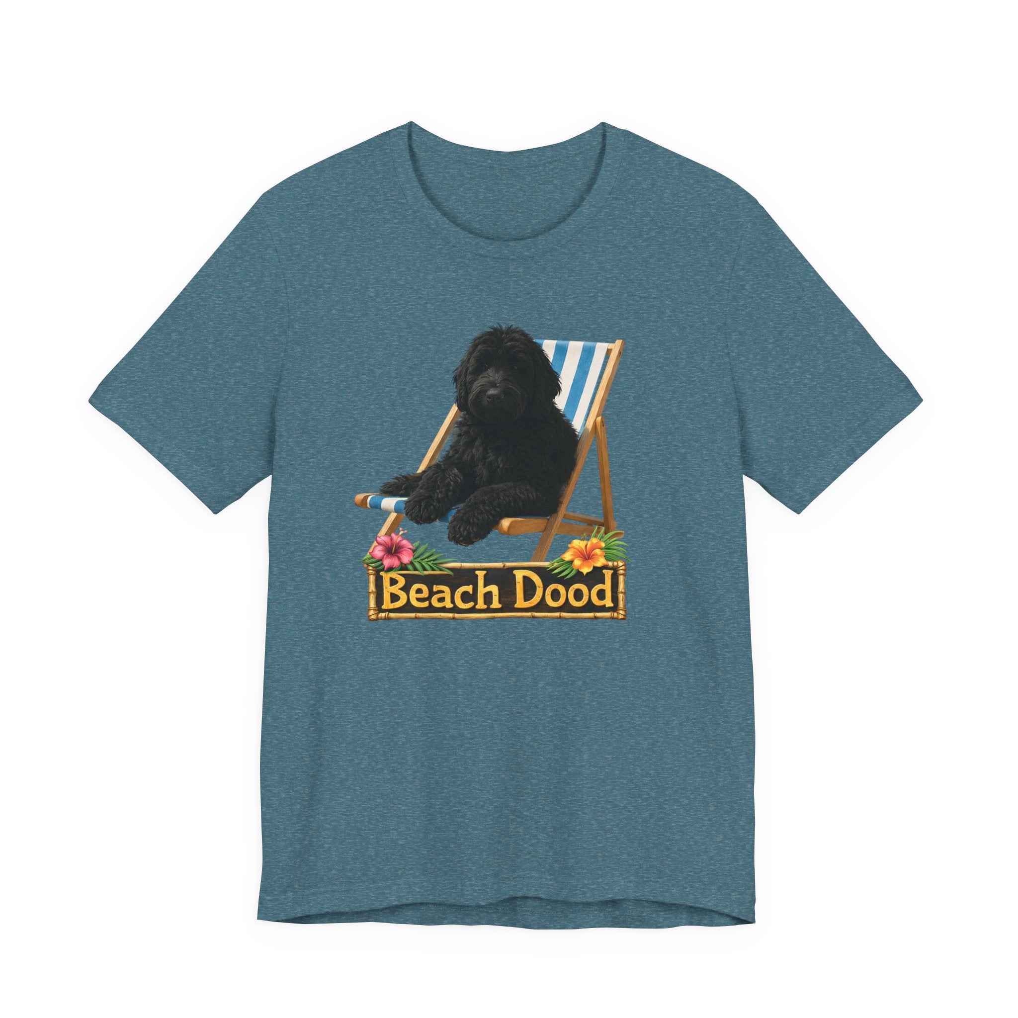Beach Dood T-Shirt — Cute Black Golden Doodle Chilling on a Beach Chair Graphic Tee