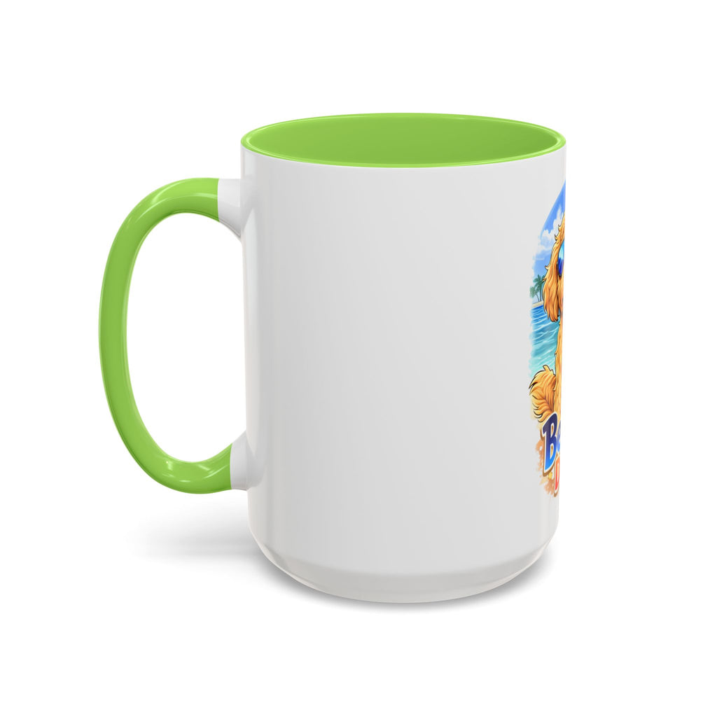 Beach Dood Dog Mug — Cute Golden Doodle with Sunglasses & Tropical Drink (15oz)