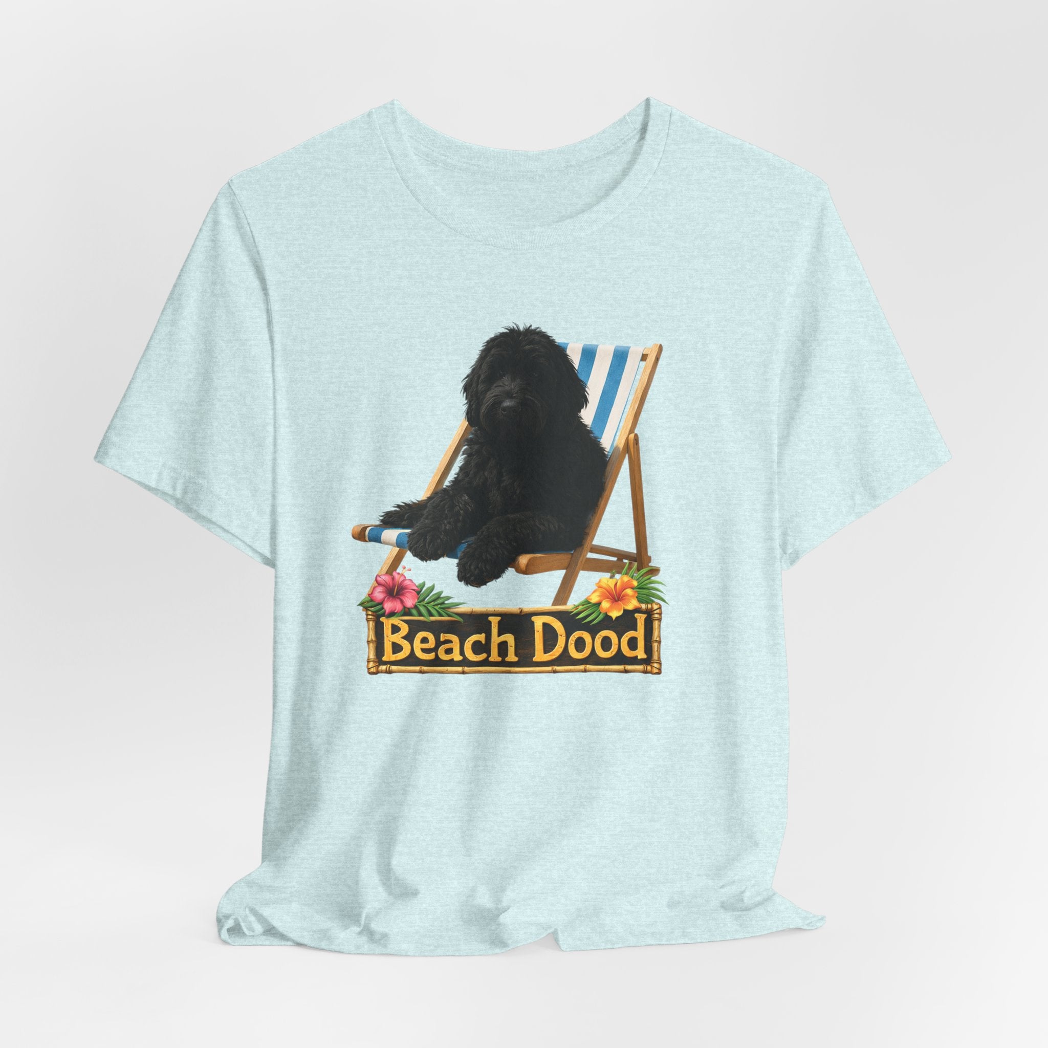 Beach Dood T-Shirt — Cute Black Golden Doodle Chilling on a Beach Chair Graphic Tee