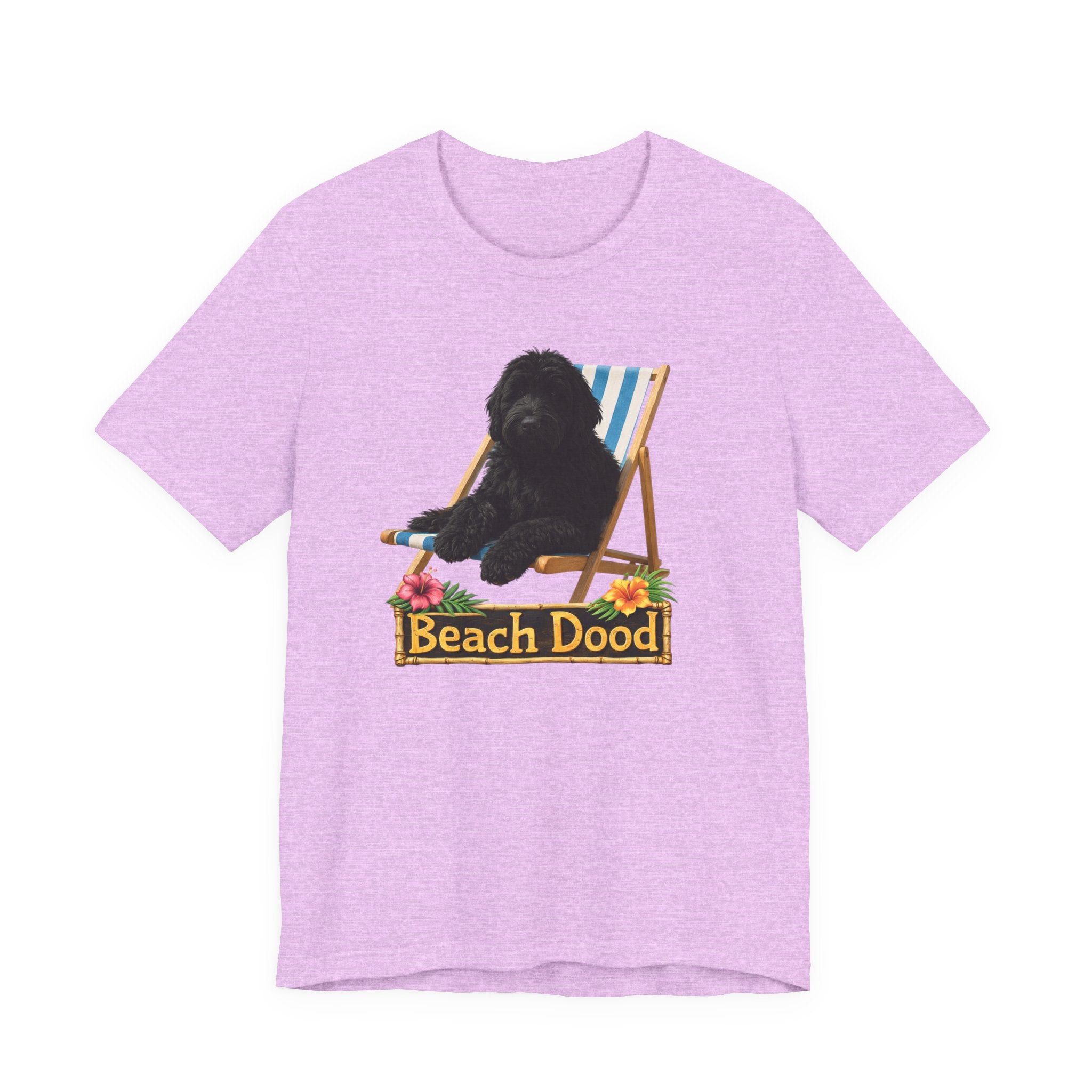 Beach Dood T-Shirt — Cute Black Golden Doodle Chilling on a Beach Chair Graphic Tee