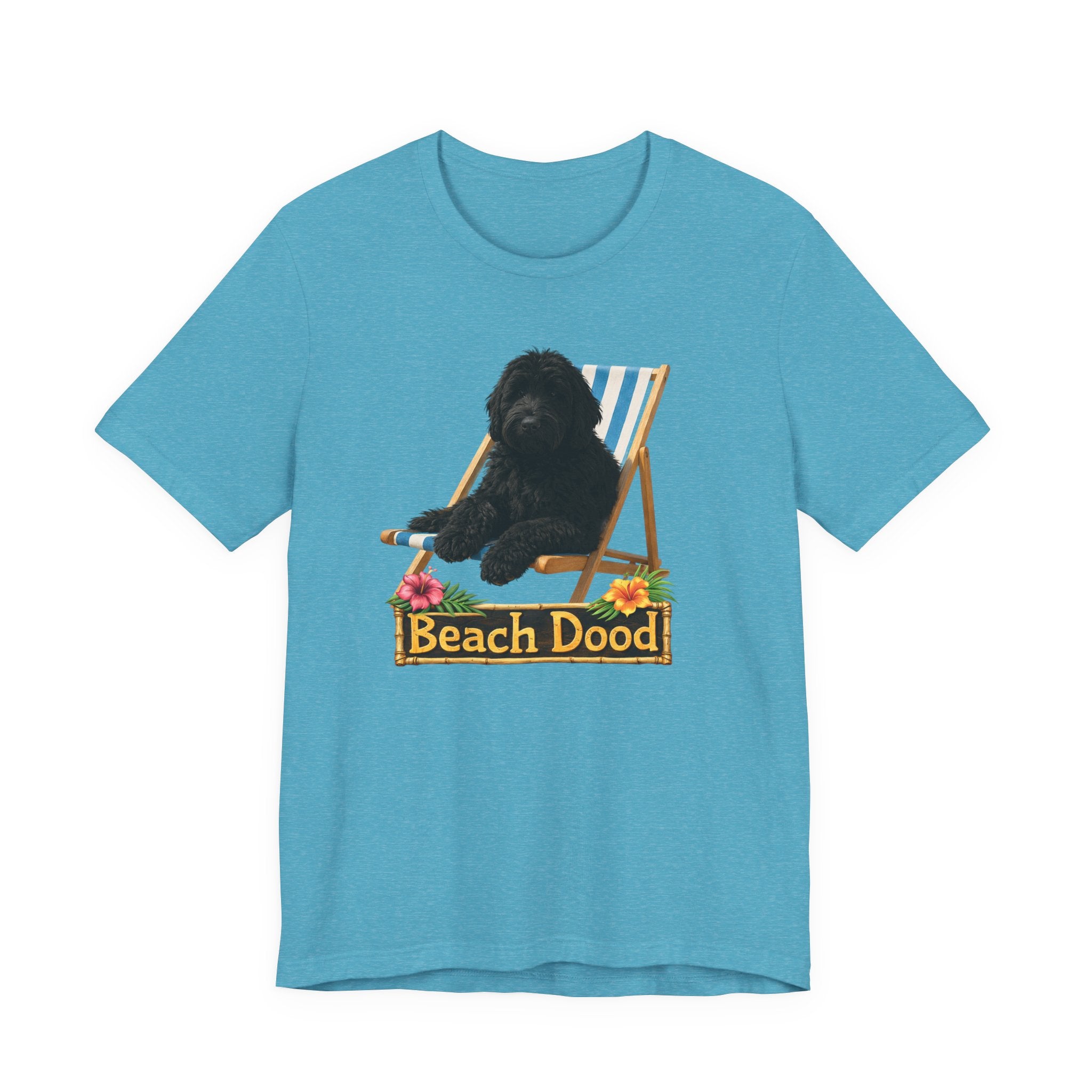 Beach Dood T-Shirt — Cute Black Golden Doodle Chilling on a Beach Chair Graphic Tee