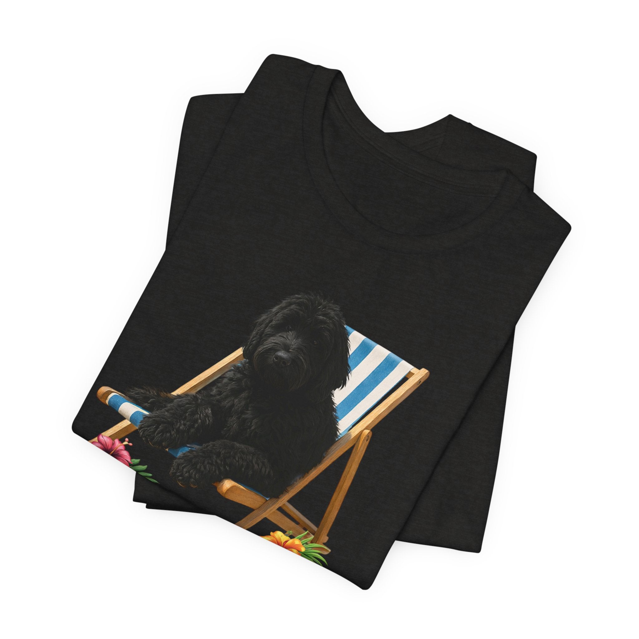 Beach Dood T-Shirt — Cute Black Golden Doodle Chilling on a Beach Chair Graphic Tee