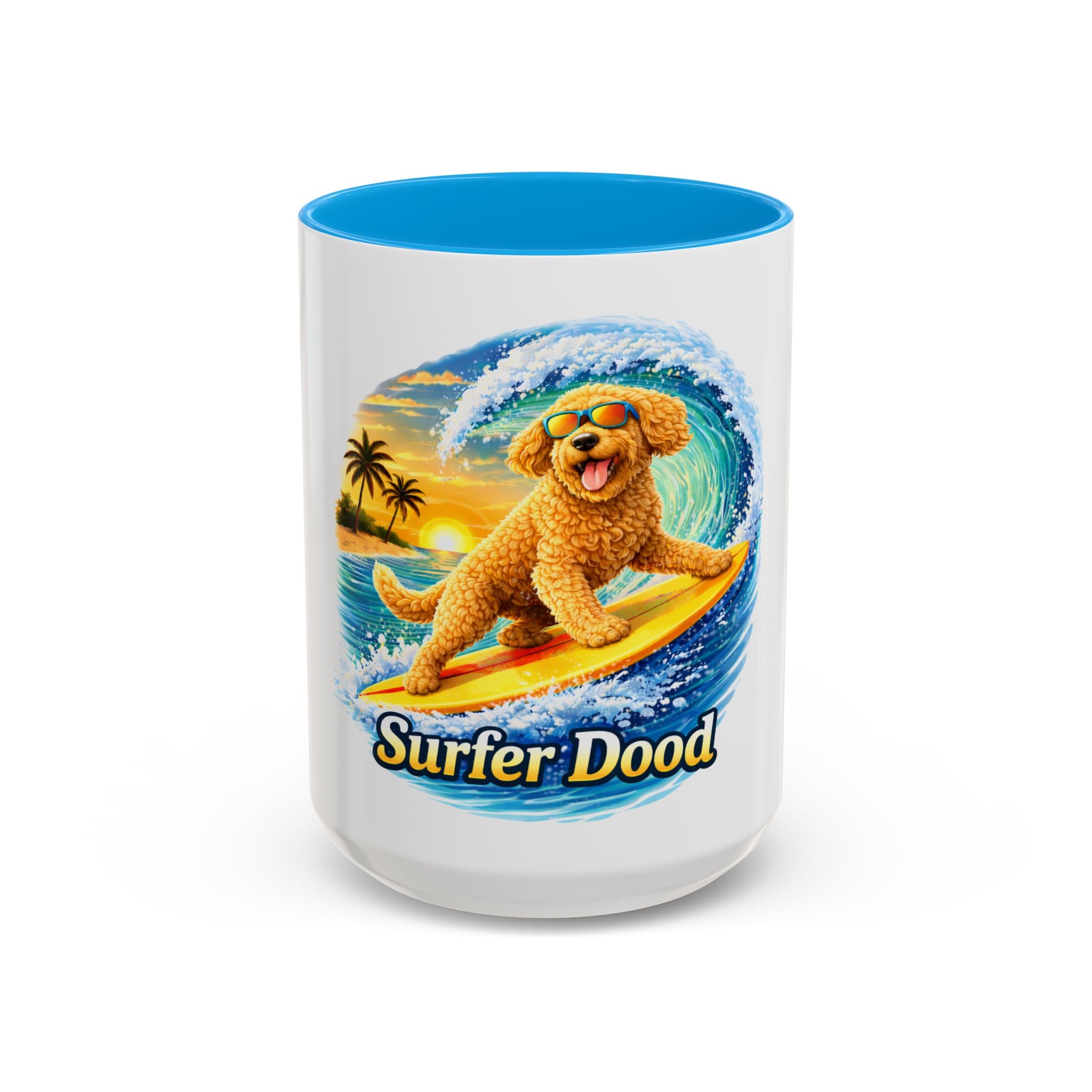 Golden Doodle Surfing Coffee Mug — Funny Colorful (15oz)