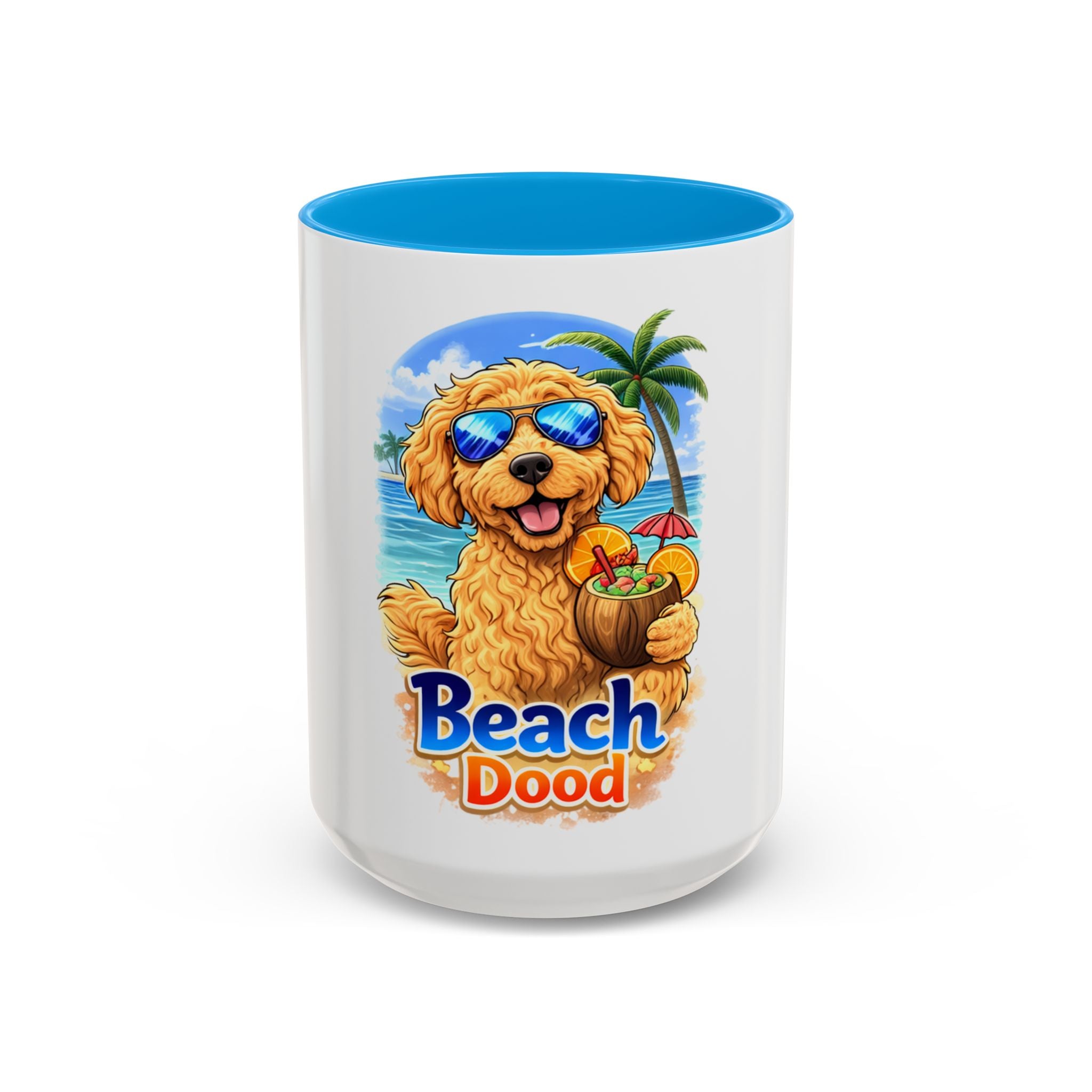Beach Dood Dog Mug — Cute Golden Doodle with Sunglasses & Tropical Drink (15oz)