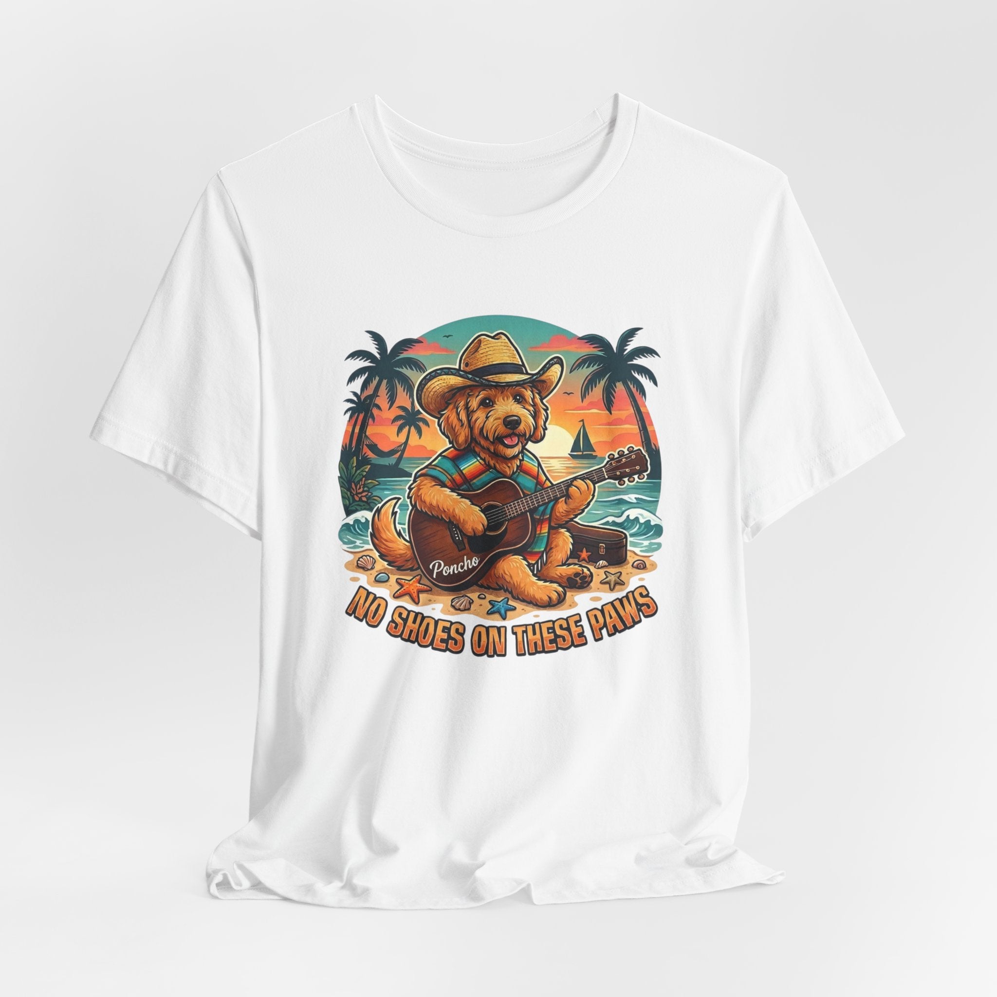 Golden Doodle Guitar Tee — Tropical Island Dog Playing Guitar