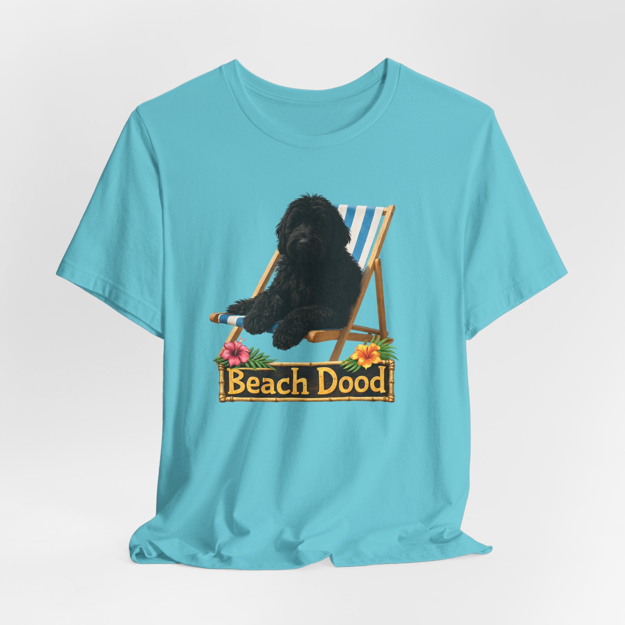 Beach Dood T-Shirt — Cute Black Golden Doodle Chilling on a Beach Chair Graphic Tee