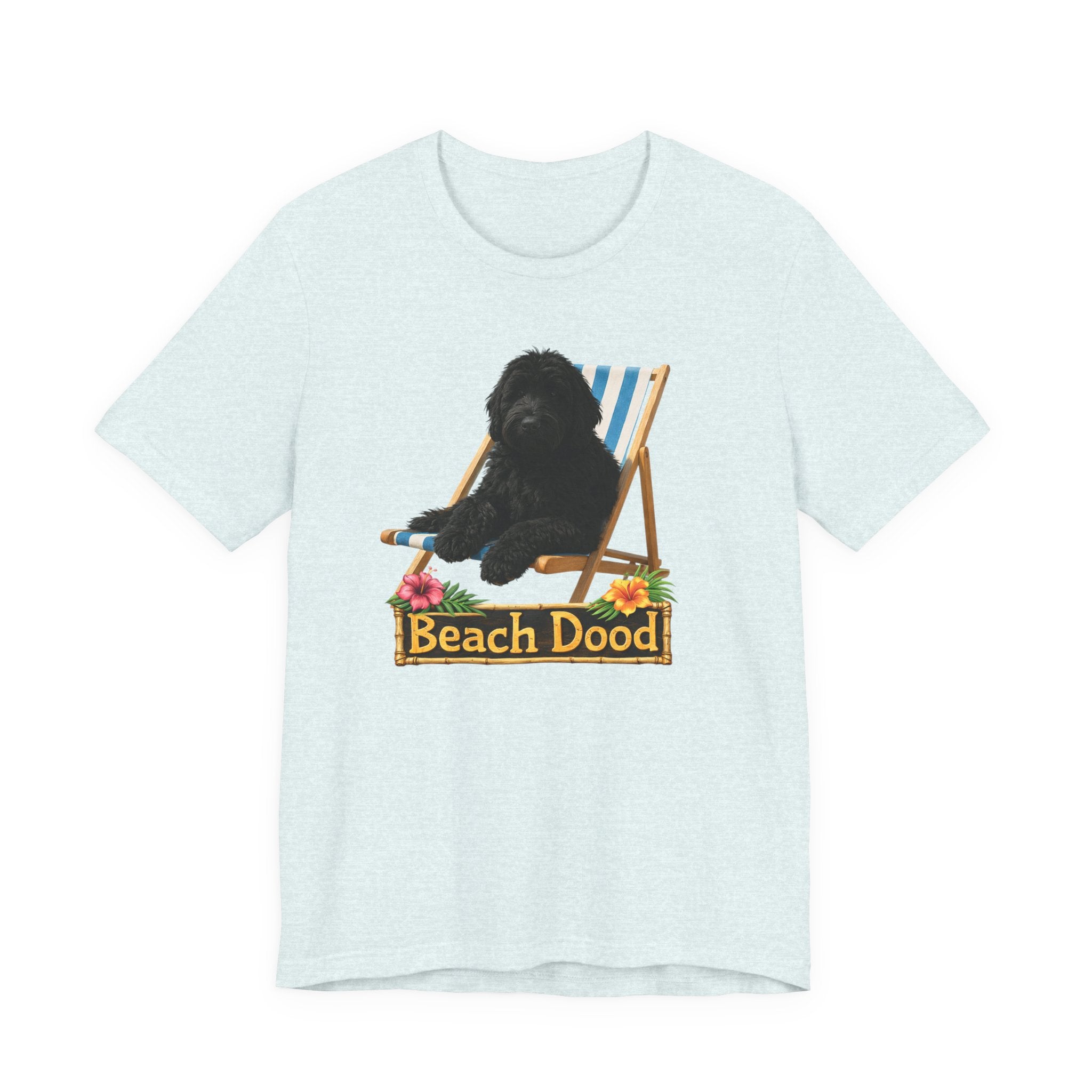 Beach Dood T-Shirt — Cute Black Golden Doodle Chilling on a Beach Chair Graphic Tee