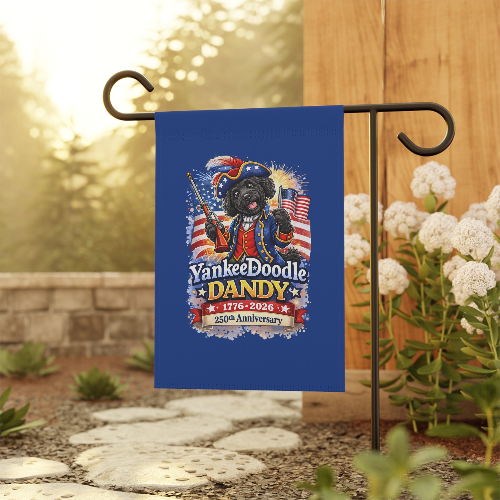 Fourth of July Golden Doodle Garden Flag — USA 250th Birthday Doodle Banner