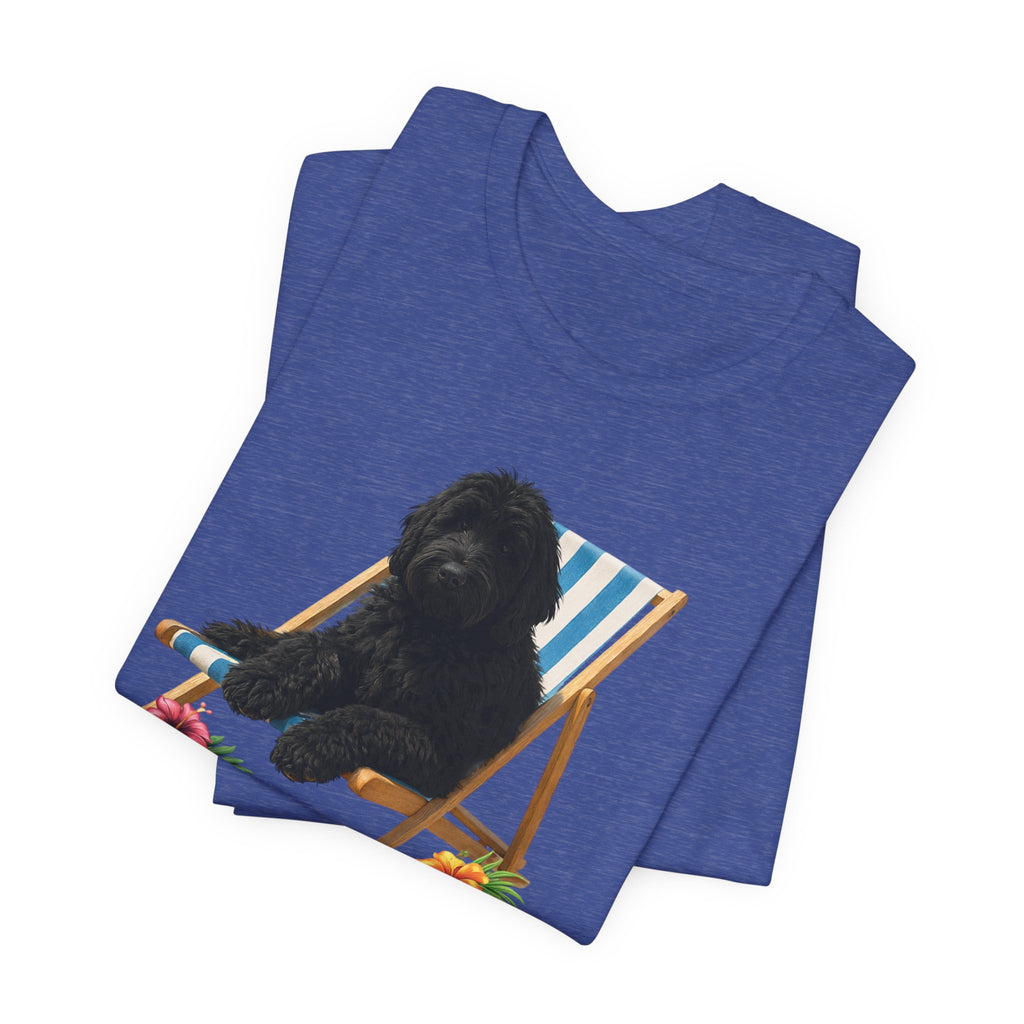 Beach Dood T-Shirt — Cute Black Golden Doodle Chilling on a Beach Chair Graphic Tee