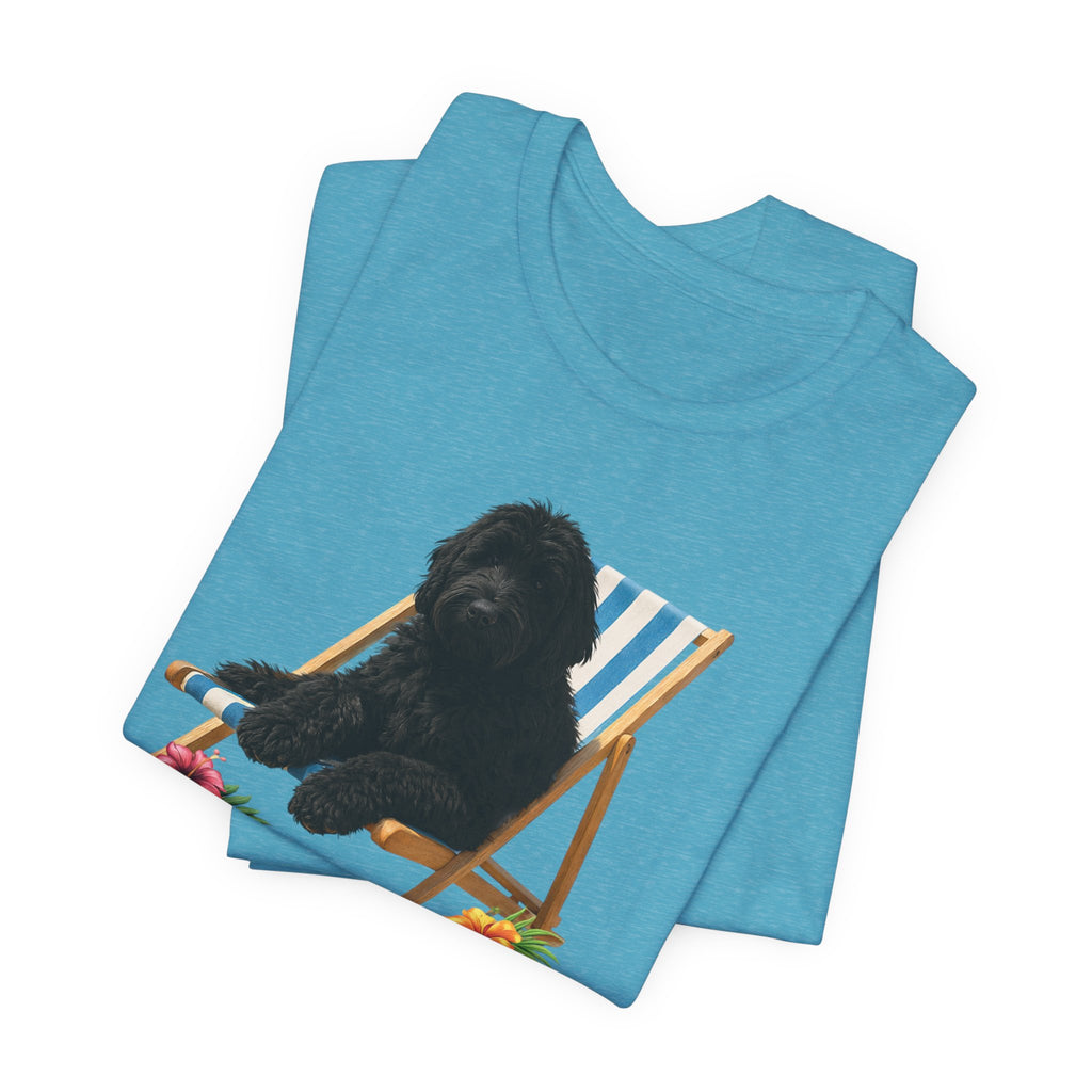 Beach Dood T-Shirt — Cute Black Golden Doodle Chilling on a Beach Chair Graphic Tee