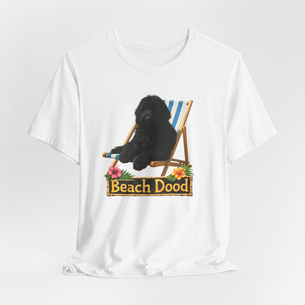 Beach Dood T-Shirt — Cute Black Golden Doodle Chilling on a Beach Chair Graphic Tee