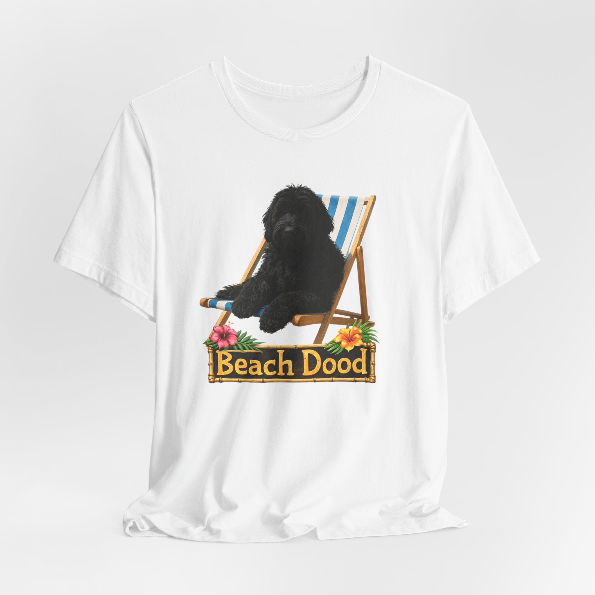 Beach Dood T-Shirt — Cute Black Golden Doodle Chilling on a Beach Chair Graphic Tee