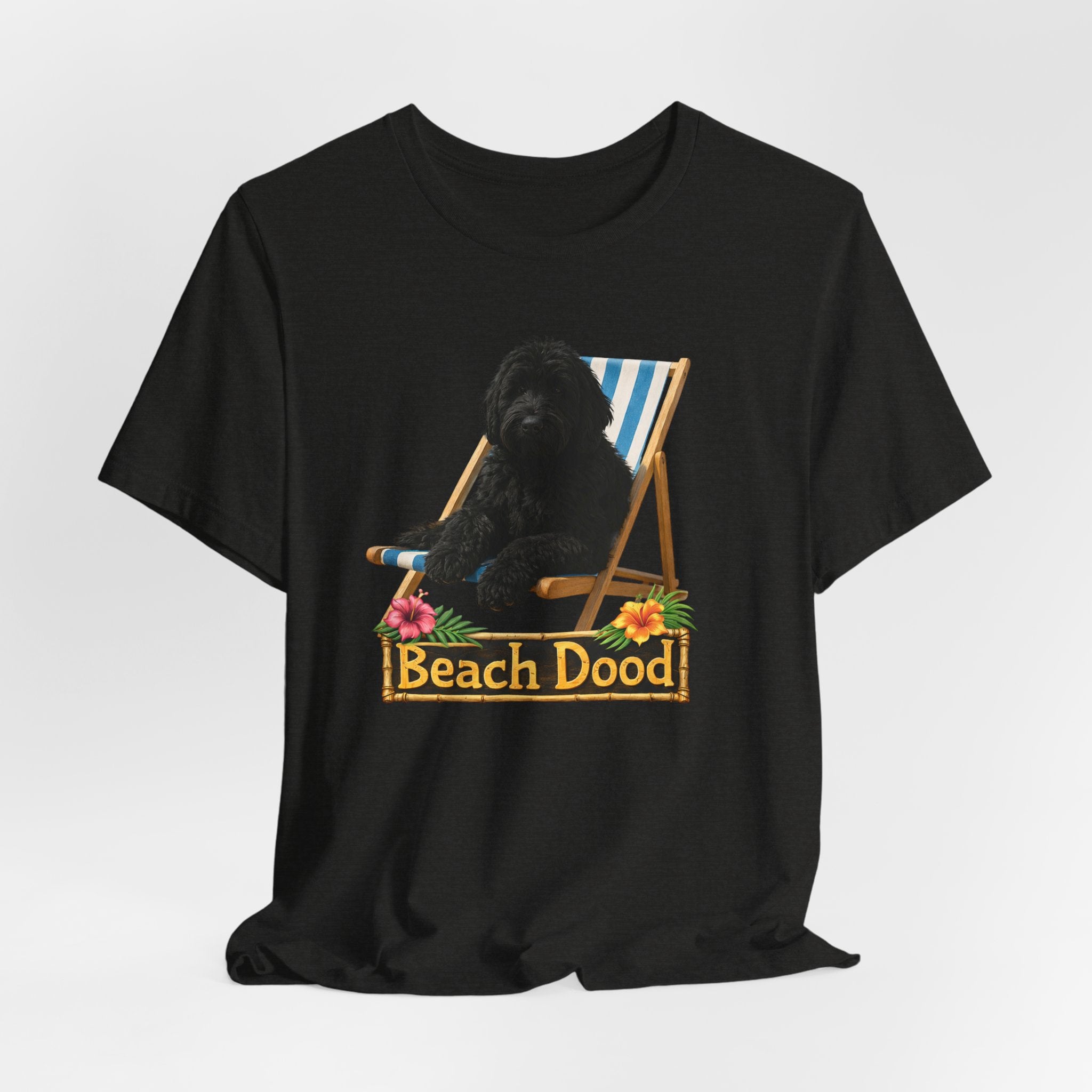 Beach Dood T-Shirt — Cute Black Golden Doodle Chilling on a Beach Chair Graphic Tee