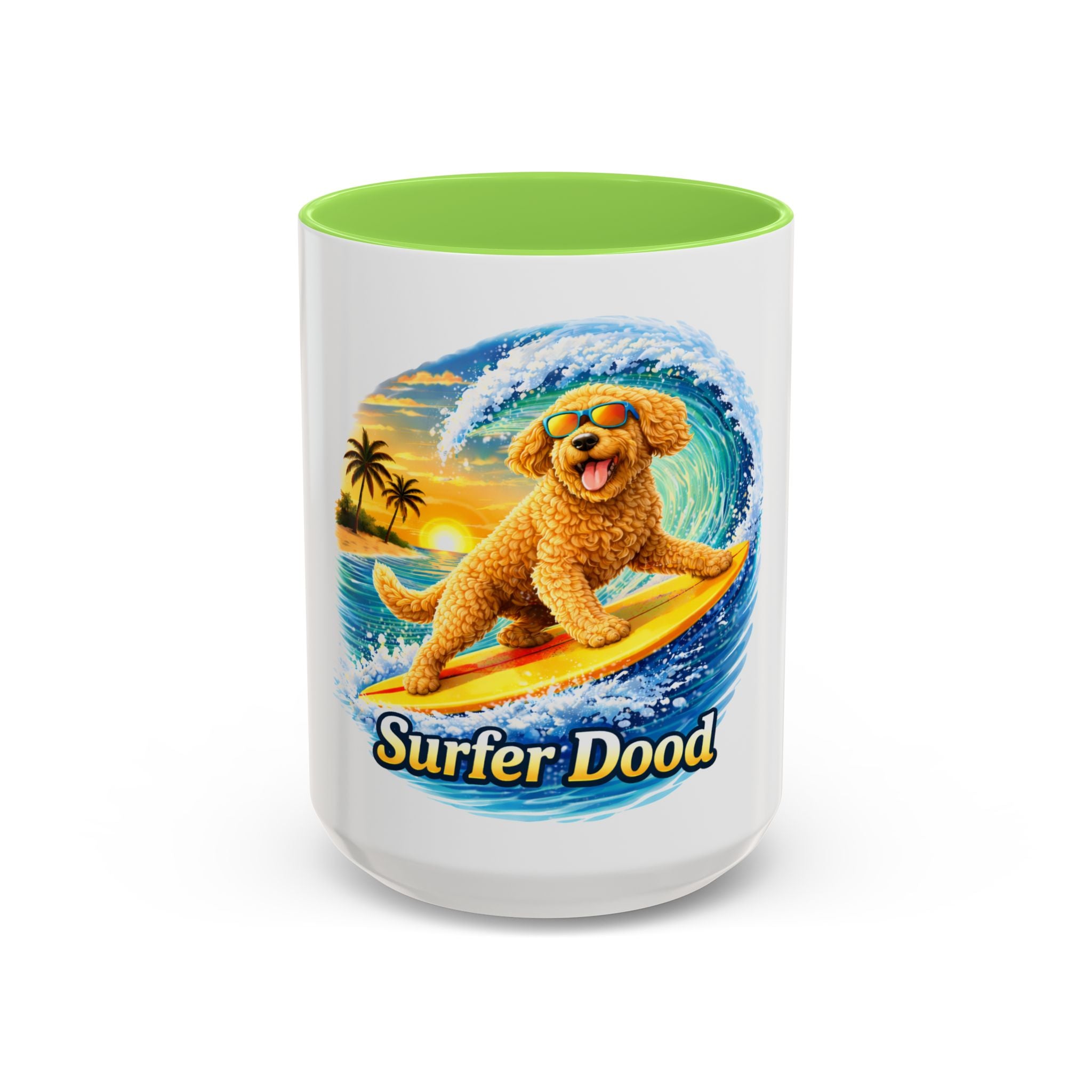 Golden Doodle Surfing Coffee Mug — Funny Colorful (15oz)