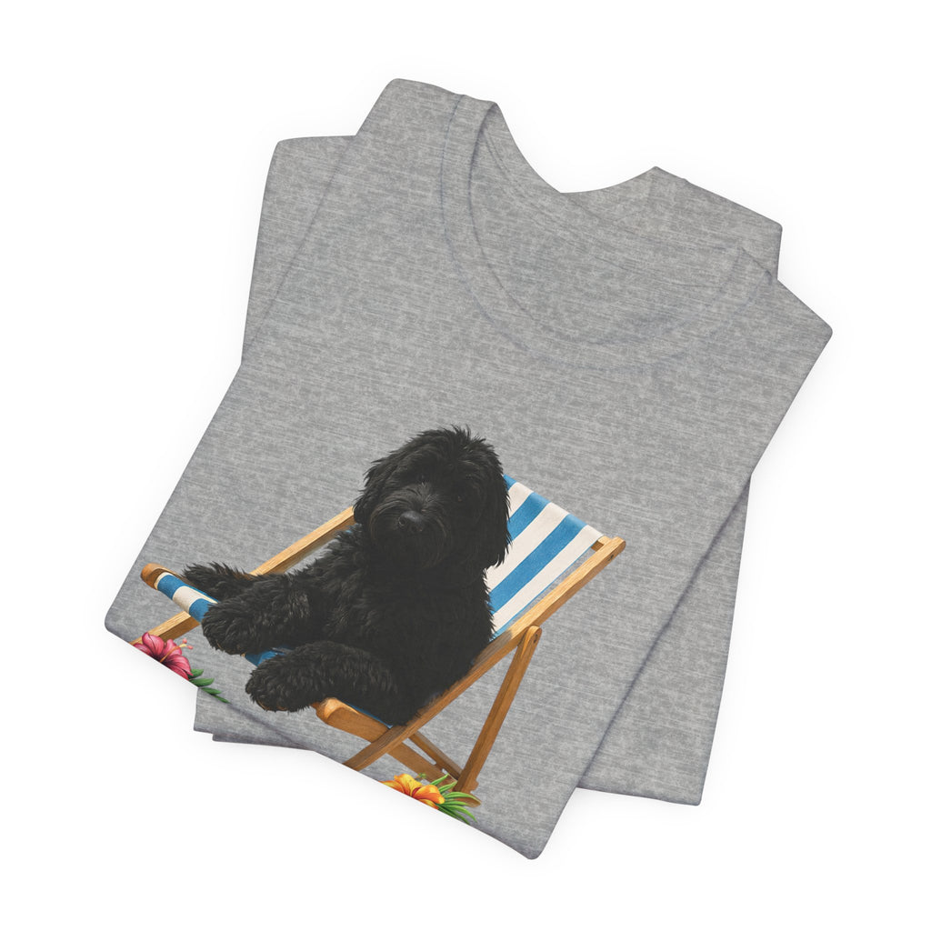 Beach Dood T-Shirt — Cute Black Golden Doodle Chilling on a Beach Chair Graphic Tee