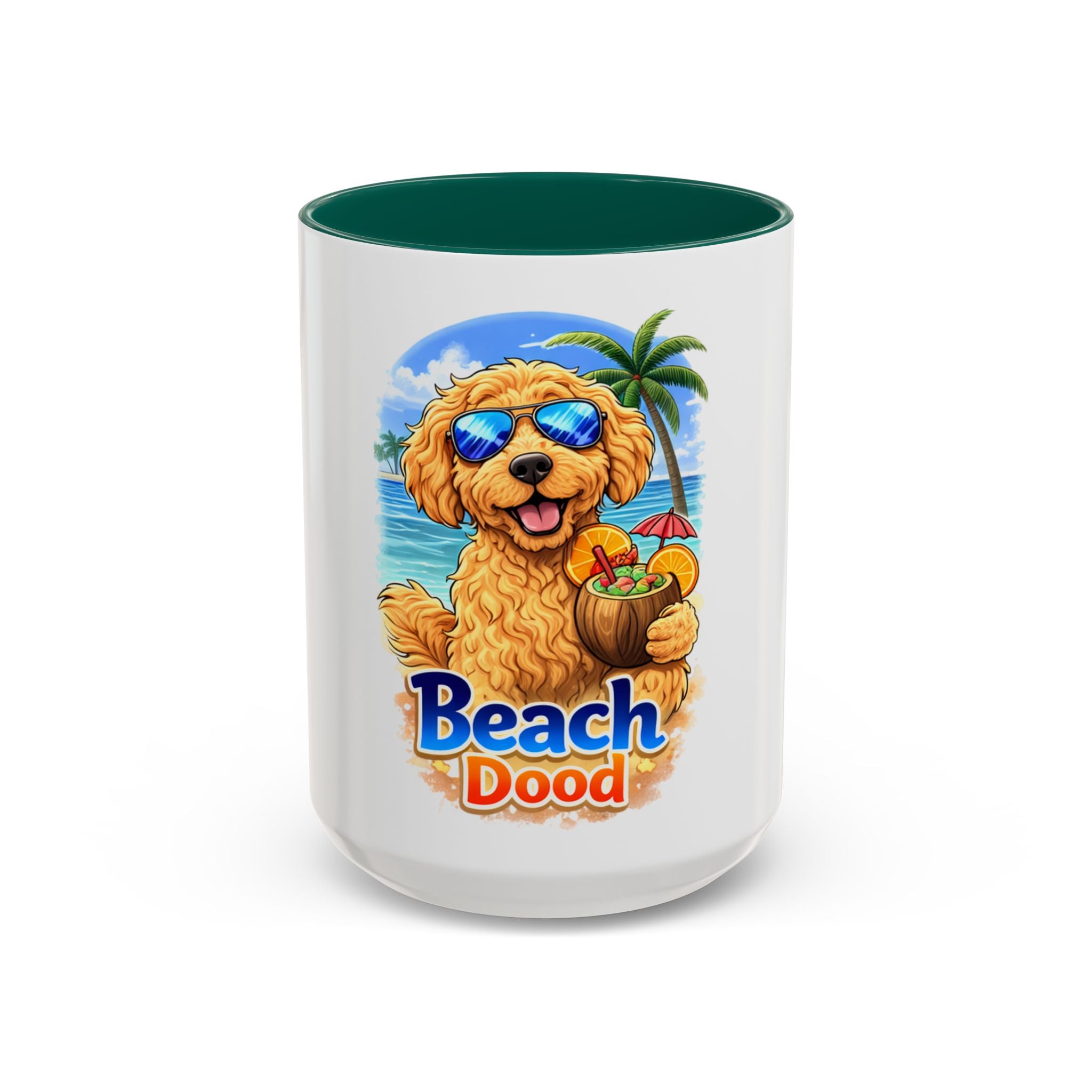 Beach Dood Dog Mug — Cute Golden Doodle with Sunglasses & Tropical Drink (15oz)