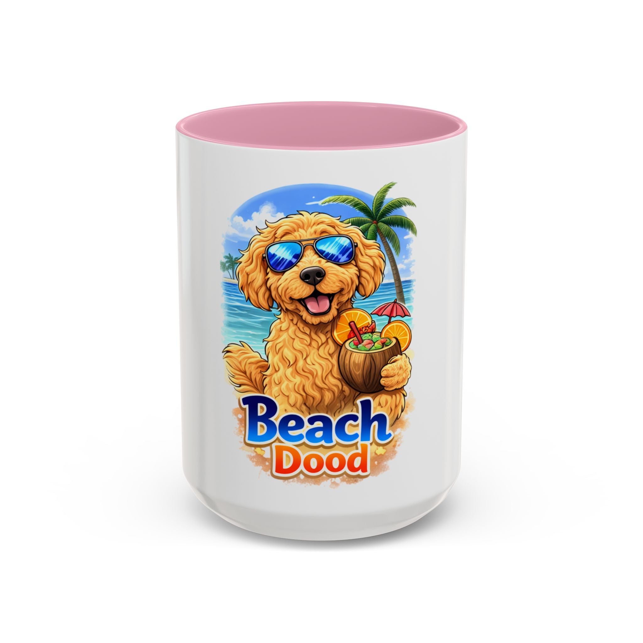 Beach Dood Dog Mug — Cute Golden Doodle with Sunglasses & Tropical Drink (15oz)