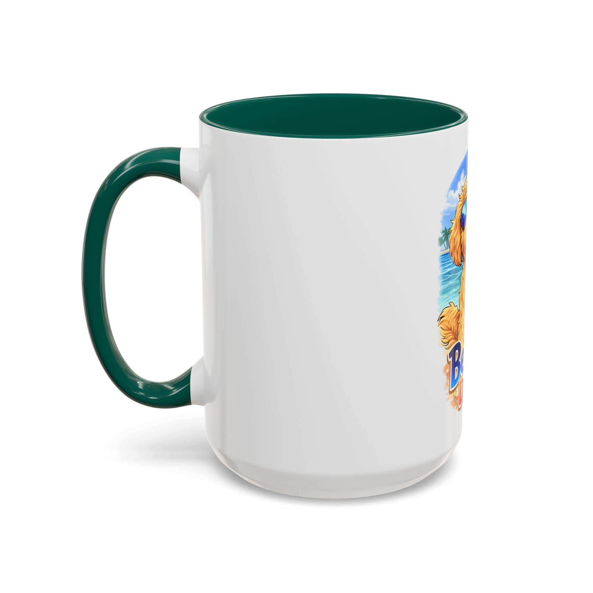 Beach Dood Dog Mug — Cute Golden Doodle with Sunglasses & Tropical Drink (15oz)